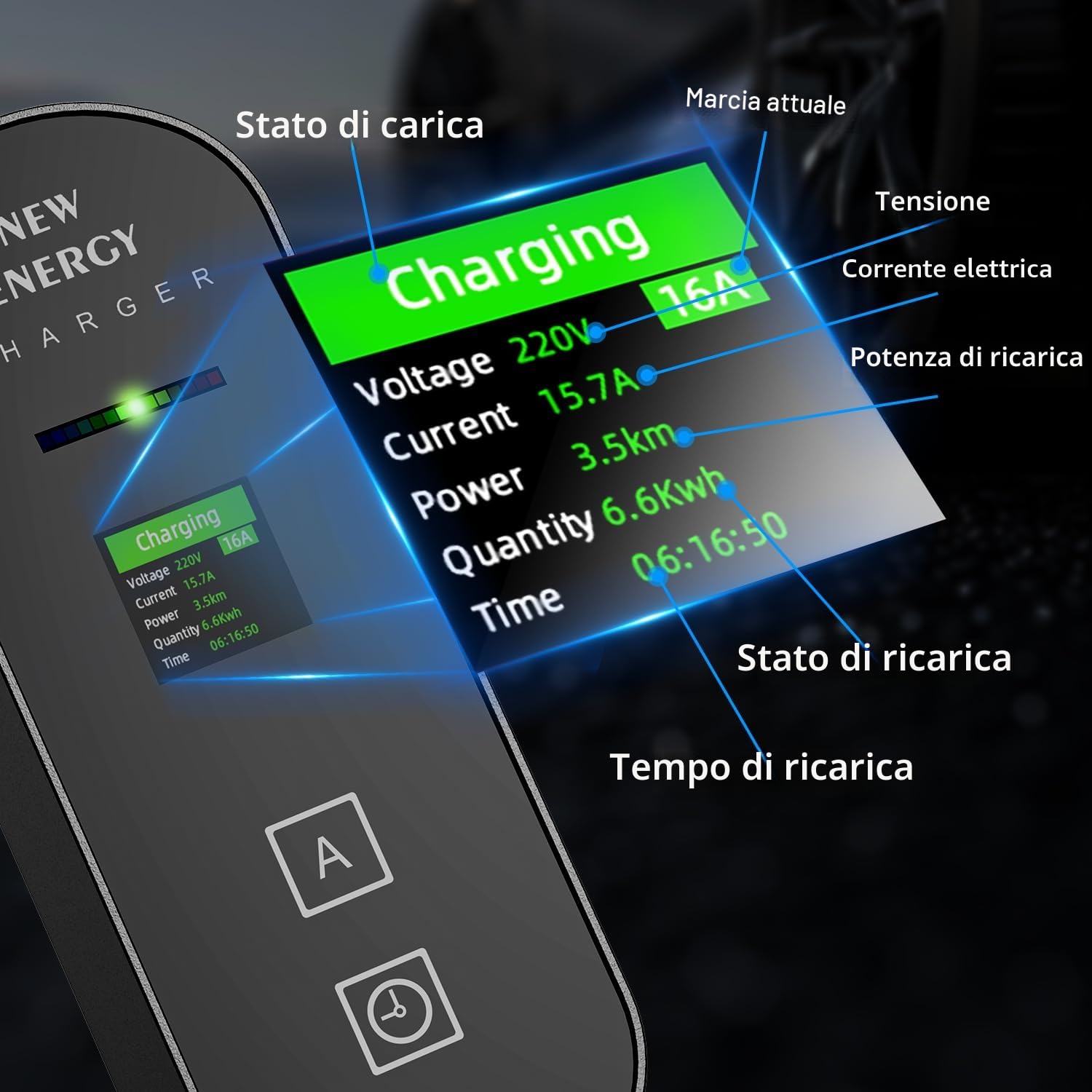 Cavo Ricarica Auto Elettrica Tipo 2 Schuko 3,5kW [5m, 6/8/10/13/16A] con LCD Controllo Digitale e Supporto Compatibile con Model Y/3, 500e, e-208 e altri EV/PHEV