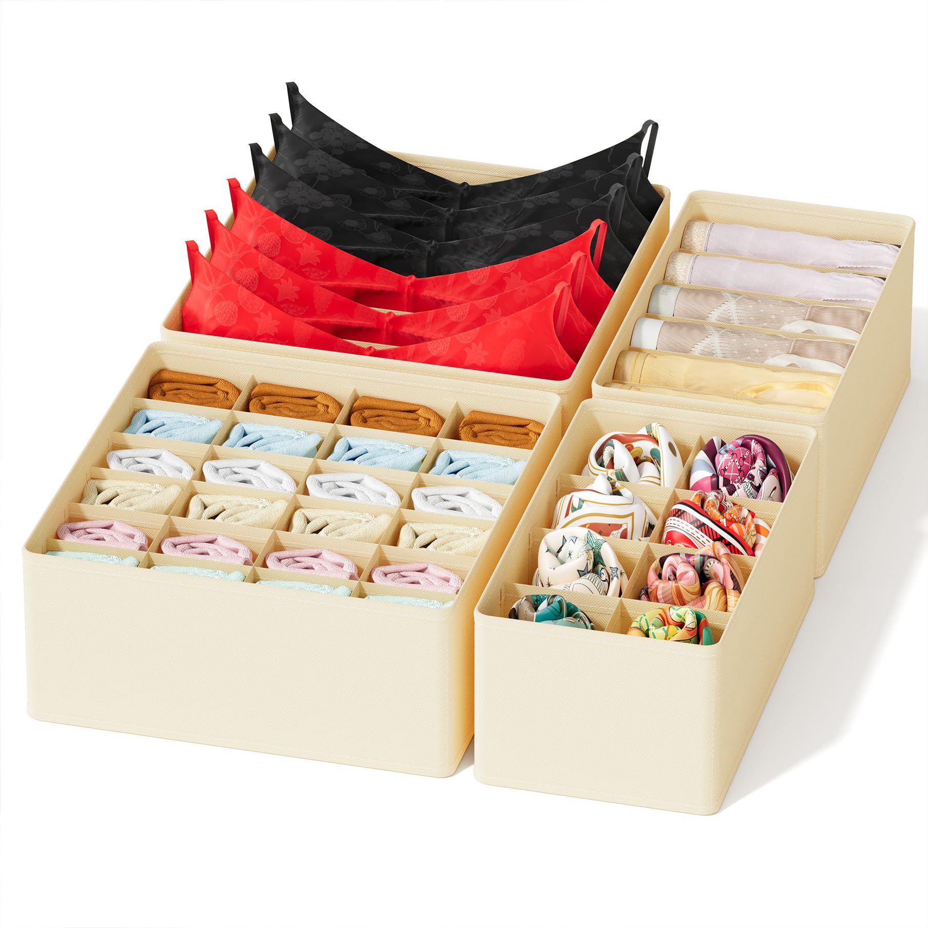Photo 1 of SpaceAid Underwear Drawer Organizer, 4 Pack Dresser Organizer Bins for Nursery, Closet Organization and Storage with Dividers for Baby Clothes Socks Bra Ties Scarf (Beige)