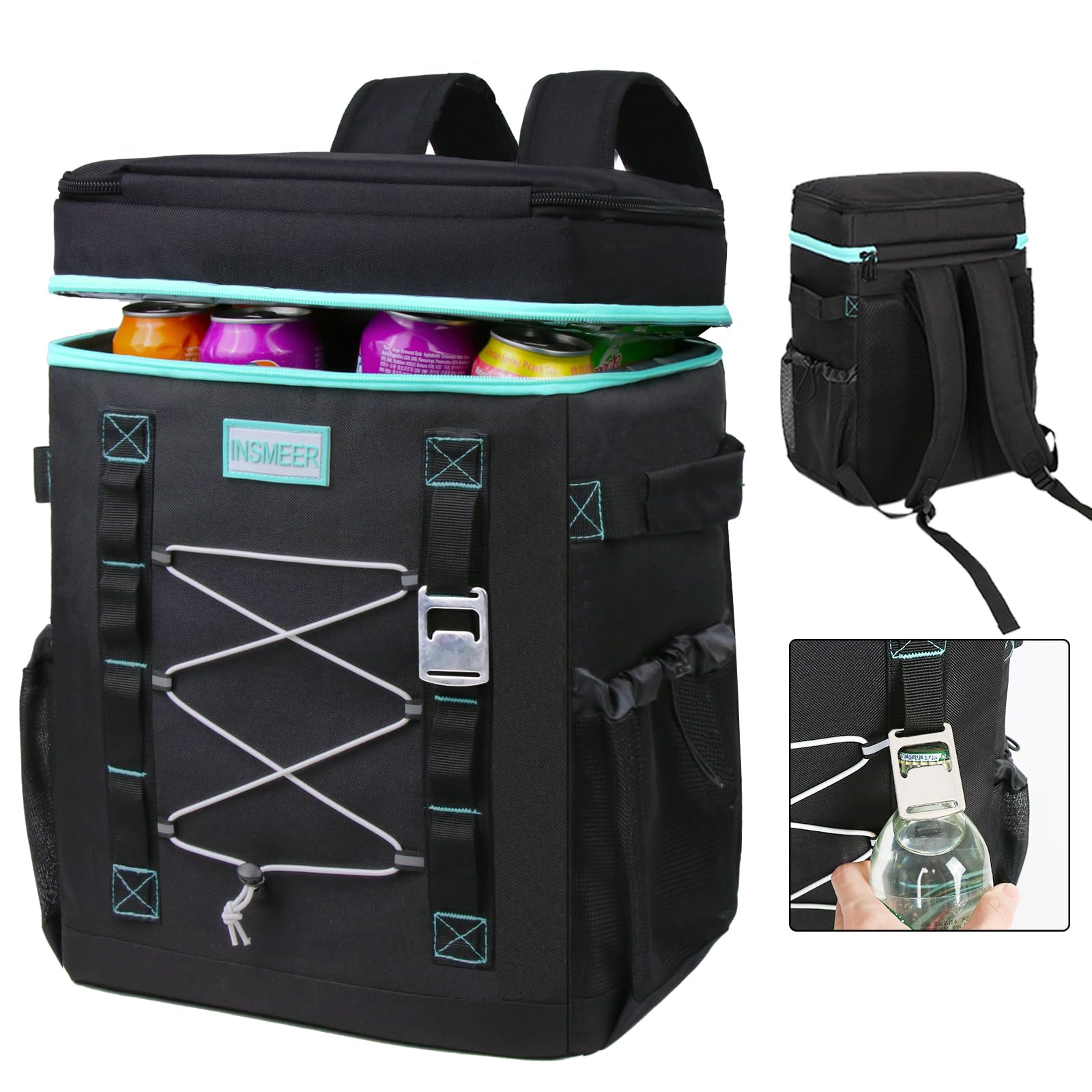 INSMEERCooler Backpack, 32Cans/24L Large Backpack Cooler, Collapsible Soft Cooler Bag with Leakproof and Water-Resistant- Ideal for Beach, Travel, Picnic, Hiking, and Grocery Shopping