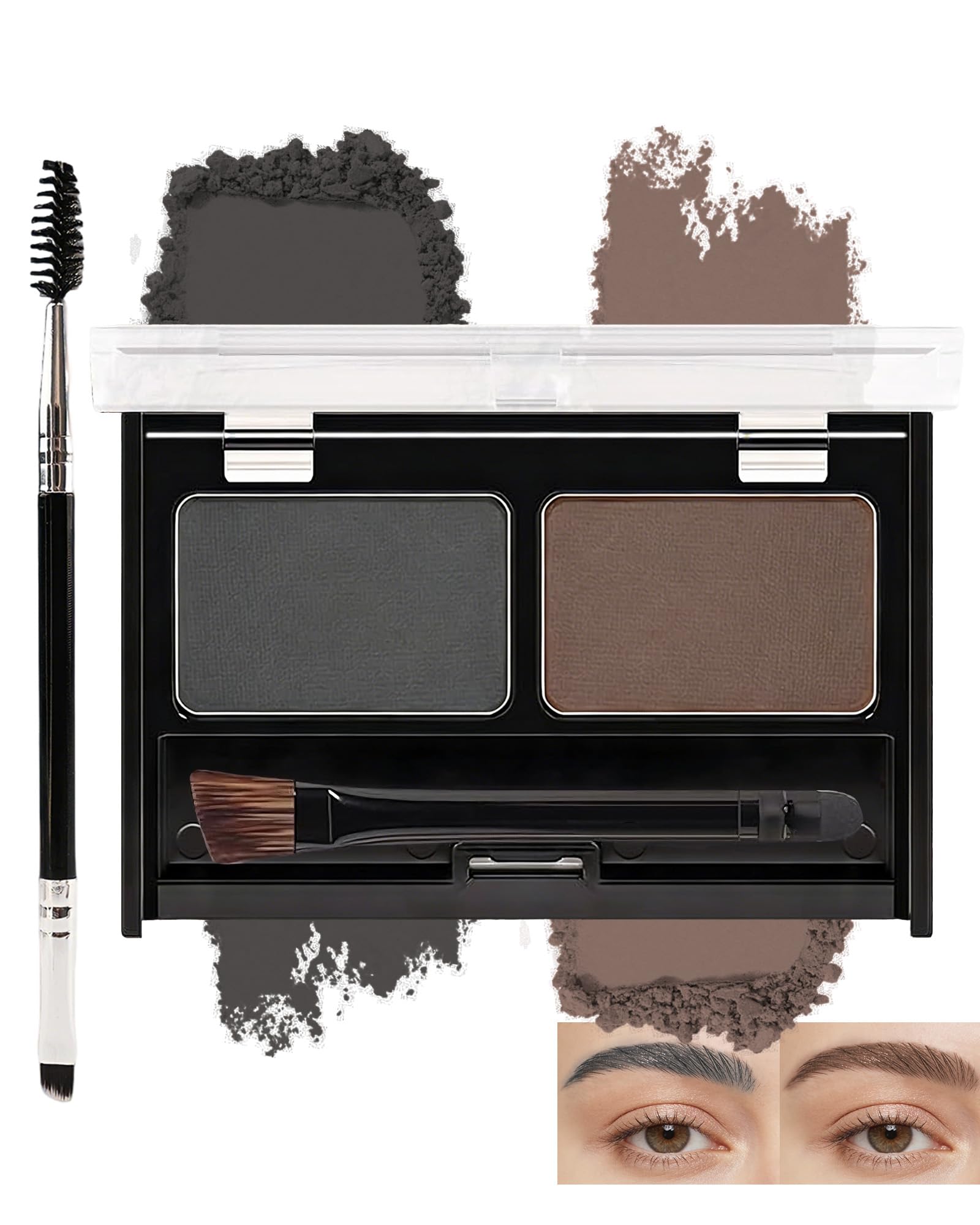 Eyebrow Powder Makeup Kit - Black + Dark Brown, 2 Color Eye Brow Powder Palette Waterproof Long-Lasting Brow Filler, Lightweight, Easy Blend, Natural