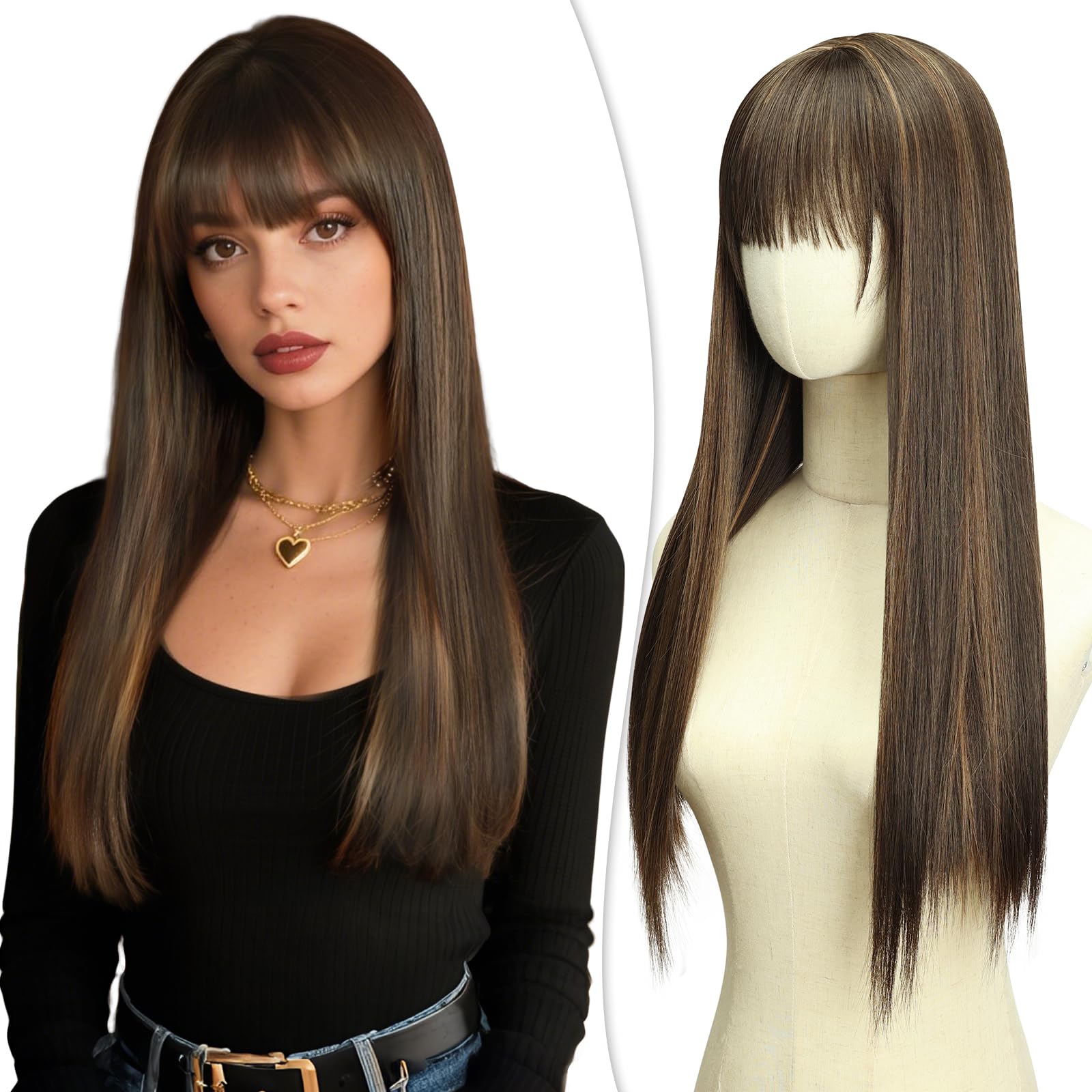 PHOCAS Long Brown Wig with Highlights Ombre Brown Wig with Blonde Highlights Wig 23'' Long Brown Wig with Bangs for Women Daily Use
