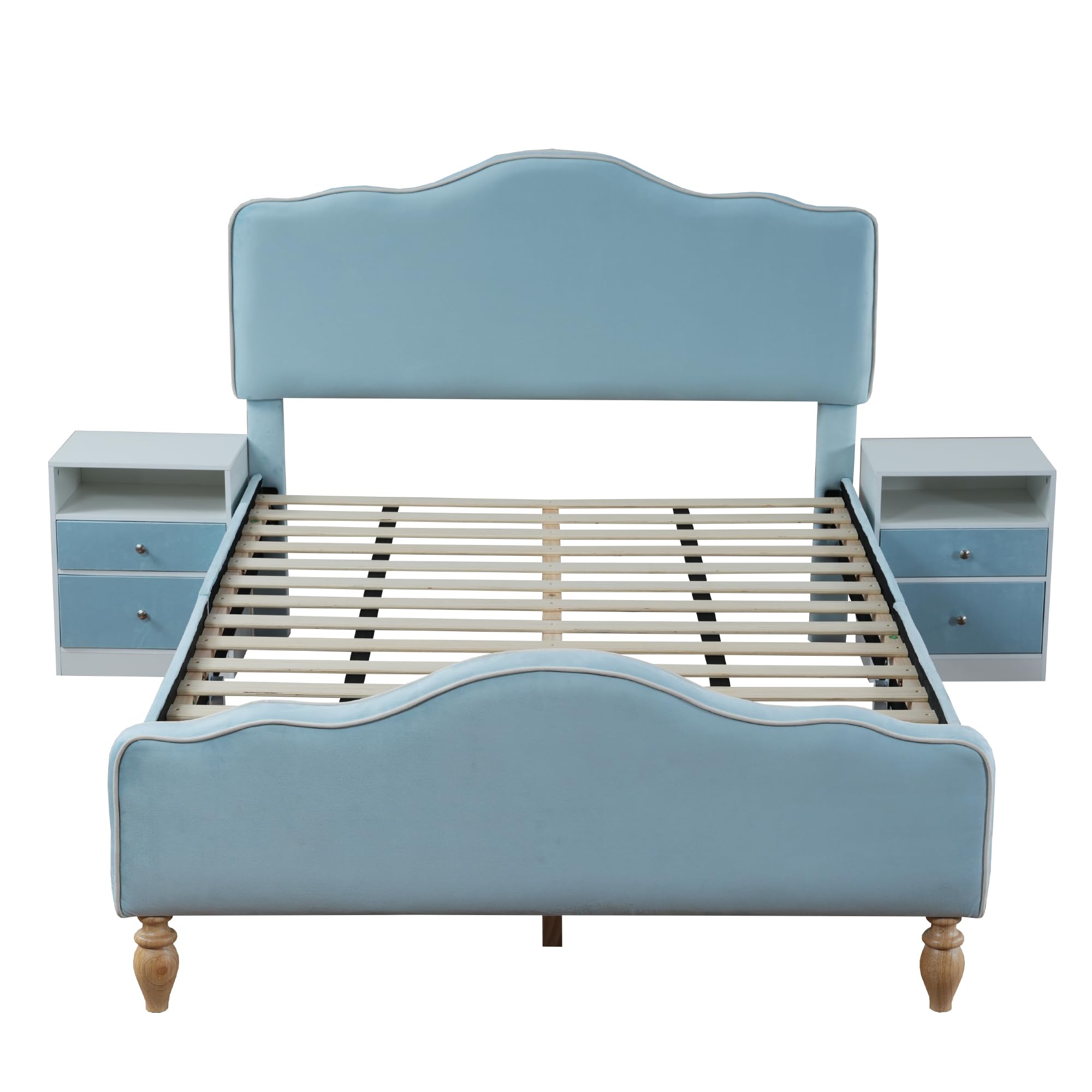 Kayan Juego de dormitorio, diseño moderno, cama tapizada + 2 mesitas de noche, mesita de noche con 2 cajones, juego de muebles de dormitorio, terciopelo, azul (140 x 200 cm)