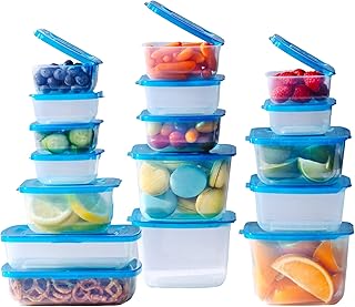 Premium Attached Food Storage Containers, Permanently Attached Plastic Lid, Never Lose & Space Saving Organization (17 Pack)