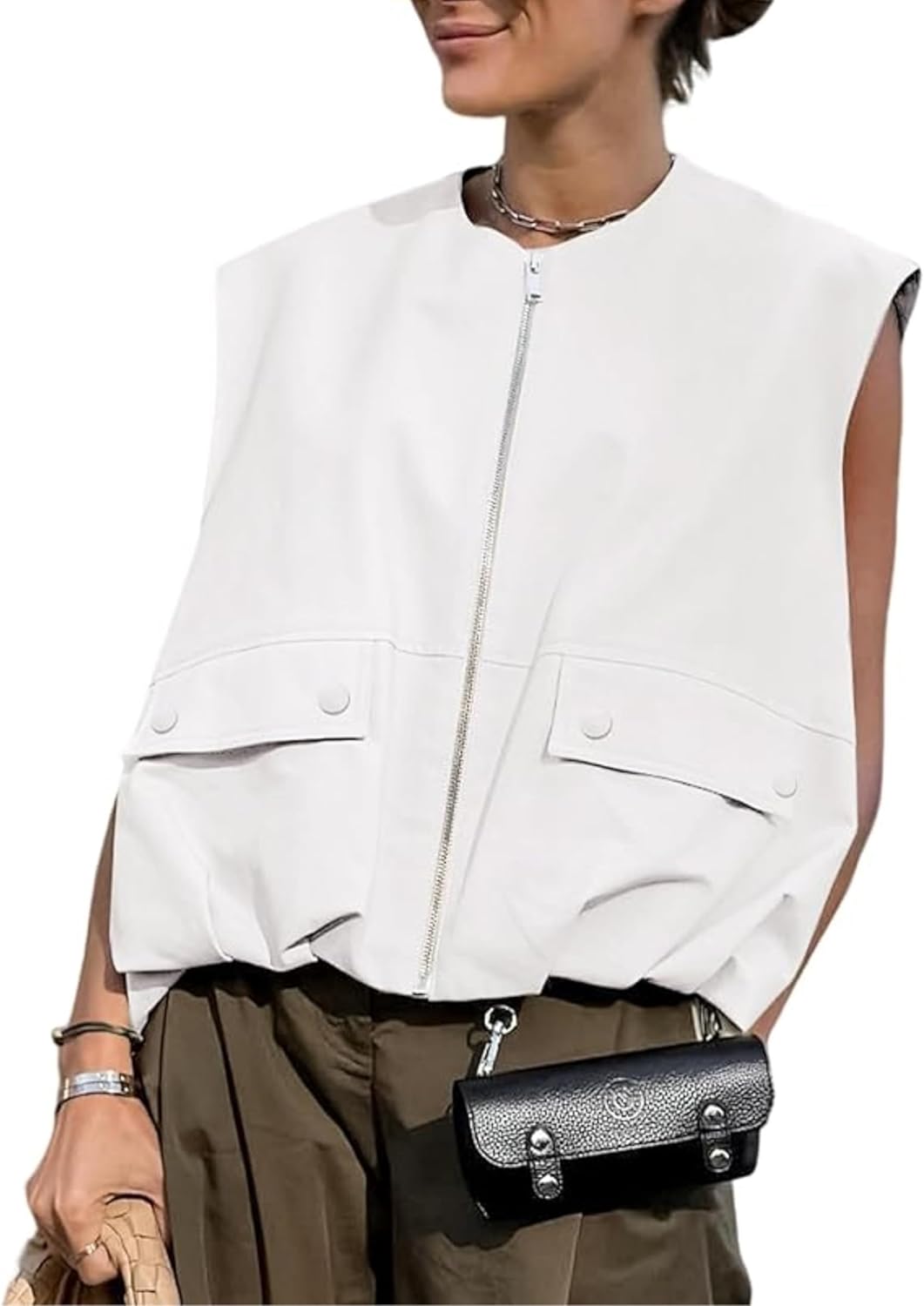Womens Casual Zip Up Cargo Vest Top Oversized Lightweight Ruched Hem Sleeveless Blazer Jackets Vest Tops - Image 3