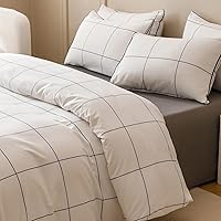 Vista 3 de KAREVER - Juego de edredón con cuadrícula blanca para niños, tamaño individual, con líneas cuadradas azul marino y edredón a cuadros blanco, juego