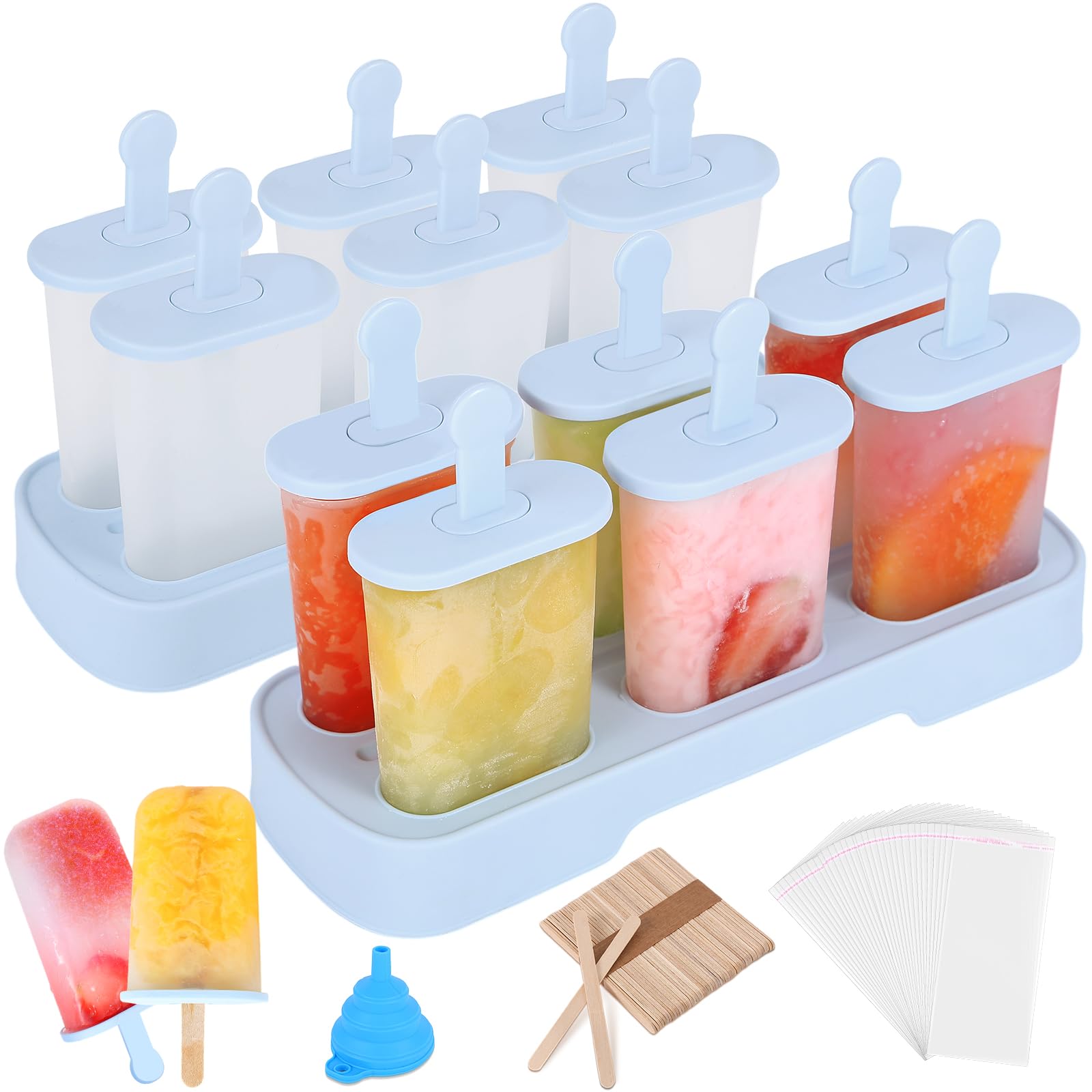 2 Pack Popsicle Molds Homemade Plastic Ice Pop Maker Easy-Release Ice Cream Molds with 50 Sticks, 50 Bags, Funnel