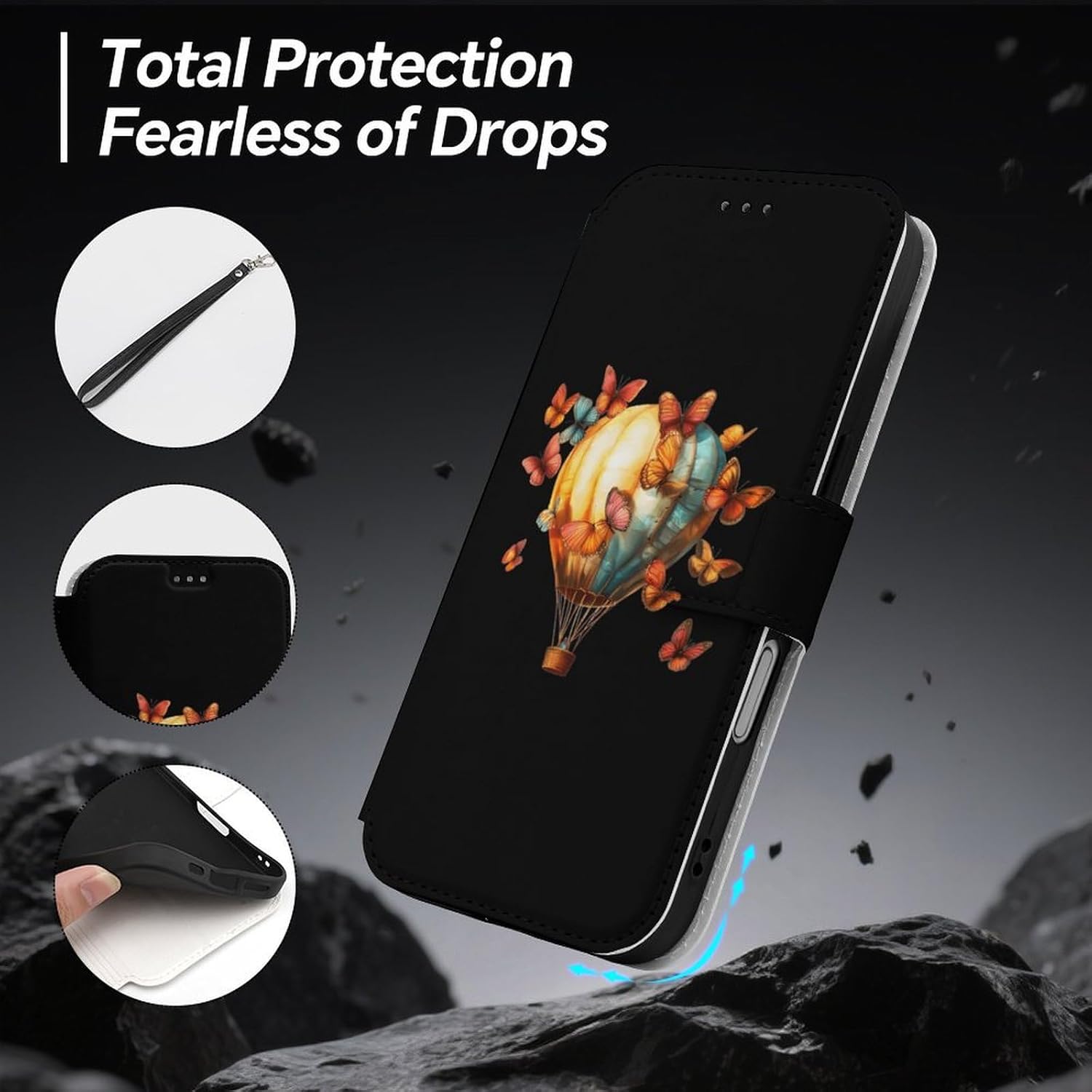 Butterfly Hot Air Balloon Compatible with iPhone 16/16 Plus/16 Pro/16 Pro Max/16 E Case Phone Wallet Card Holder Flip Cover with Wrist Strap
