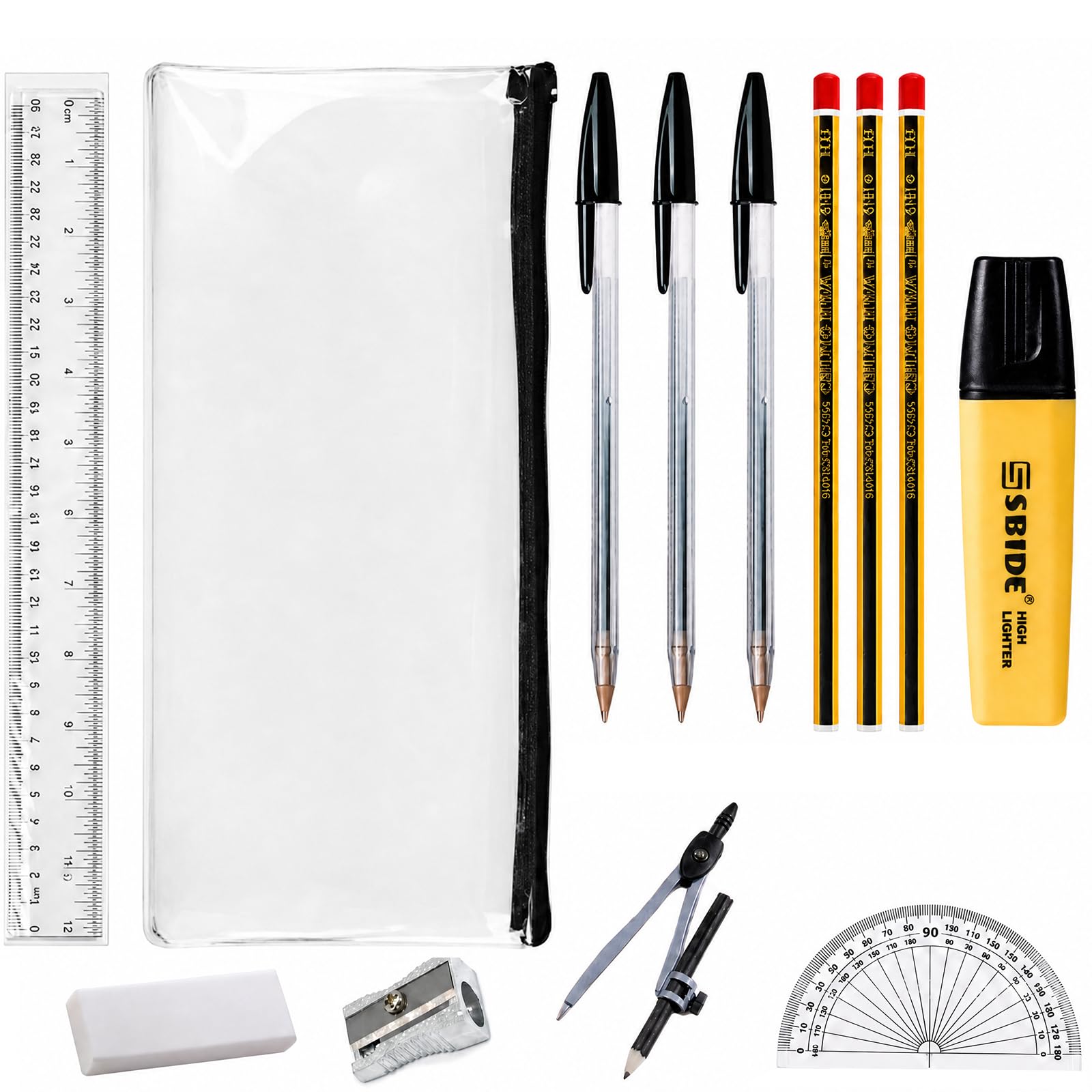 PUQGAOIP Stationery Set, 13 Piece Clear Pencil Case For Exams Maths Set, 30 Cm Ruler, Protractor, Compass, Pens, Pencils, Highlighter And Pouch For GCSE A-Level IB School Study