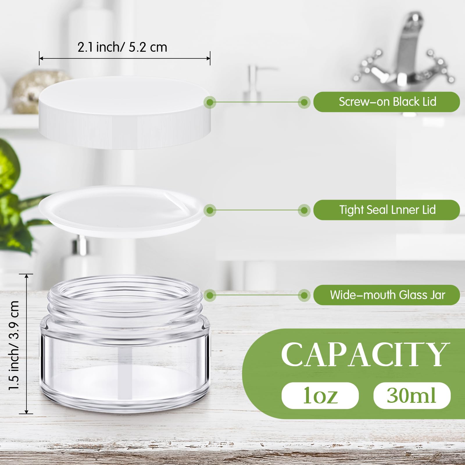 Domensi 60 Pcs 1oz Glass Jars with Lids Bulk Salve Tins Small Glass Candle Cosmetic Jars for Travel with Inner Liners Containers for Lotions Sample Cream(Clear, White Lid)