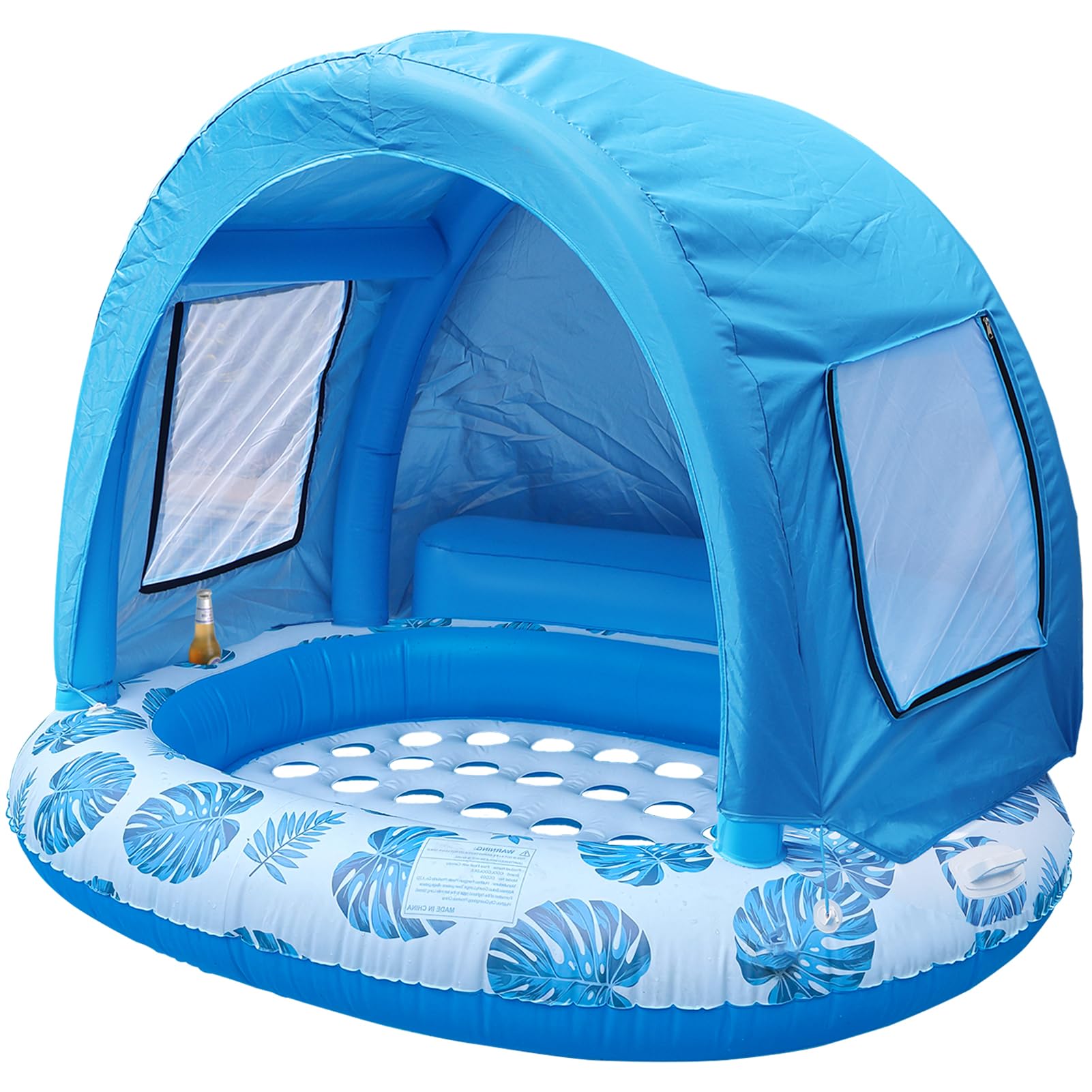 COOLCOOLDEE Inflatable Pool Float with Canopy Shade, Extra Large Floating Island, Cup Holder, Tropical Leaf Design