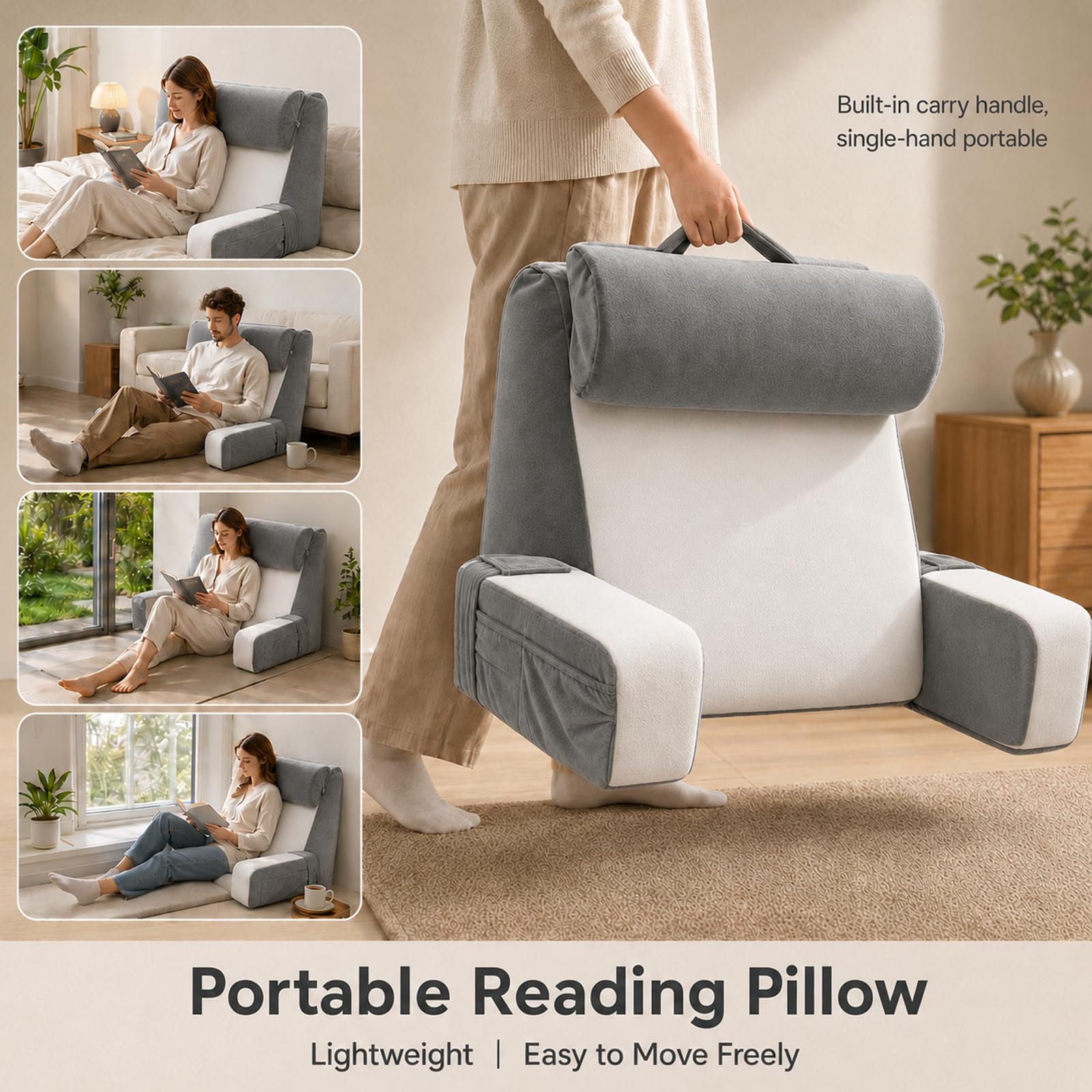 ALLUMK Almohada de Lectura Ergonómica con Soporte Lumbar y reposabrazos | Funda lavable desmontable, diseño bicolor gris blanco, soporte cervical para adultos en cama y sofá