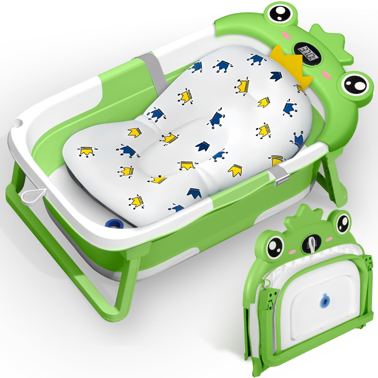 Vaschetta Bagnetto Neonato, Vasca Neonato Bagnetto Pieghevole Con Cuscino Da Bagno, Vaschetta Bagno Neonato Con Termometro E Foro Di Scarico, Regalo per La Nascita Bambino(Verde A)