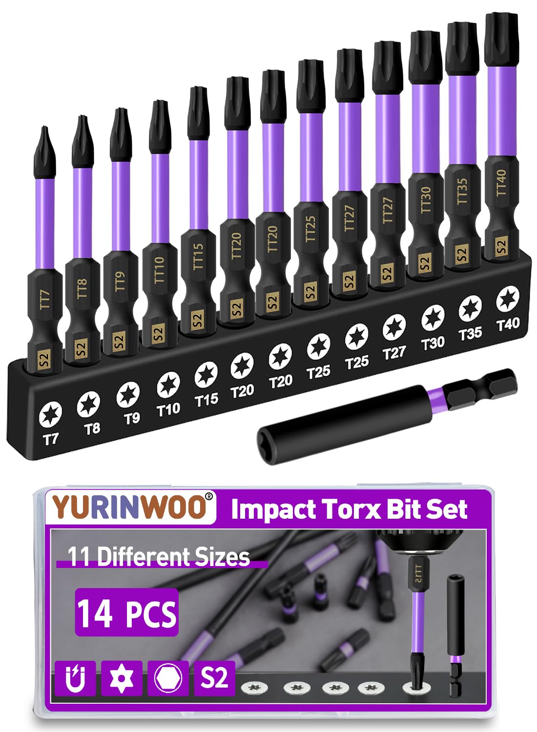 14 Pcs Torx Screwdriver Star Bit Set, 2" (50mm) Long Star Magnetic Screwdriver Bits, 1/4" Hex Shank S2 Steel Tamper Proof Torx Bit with 2.3" Magnetic Extension Bit Holder and Storage Box