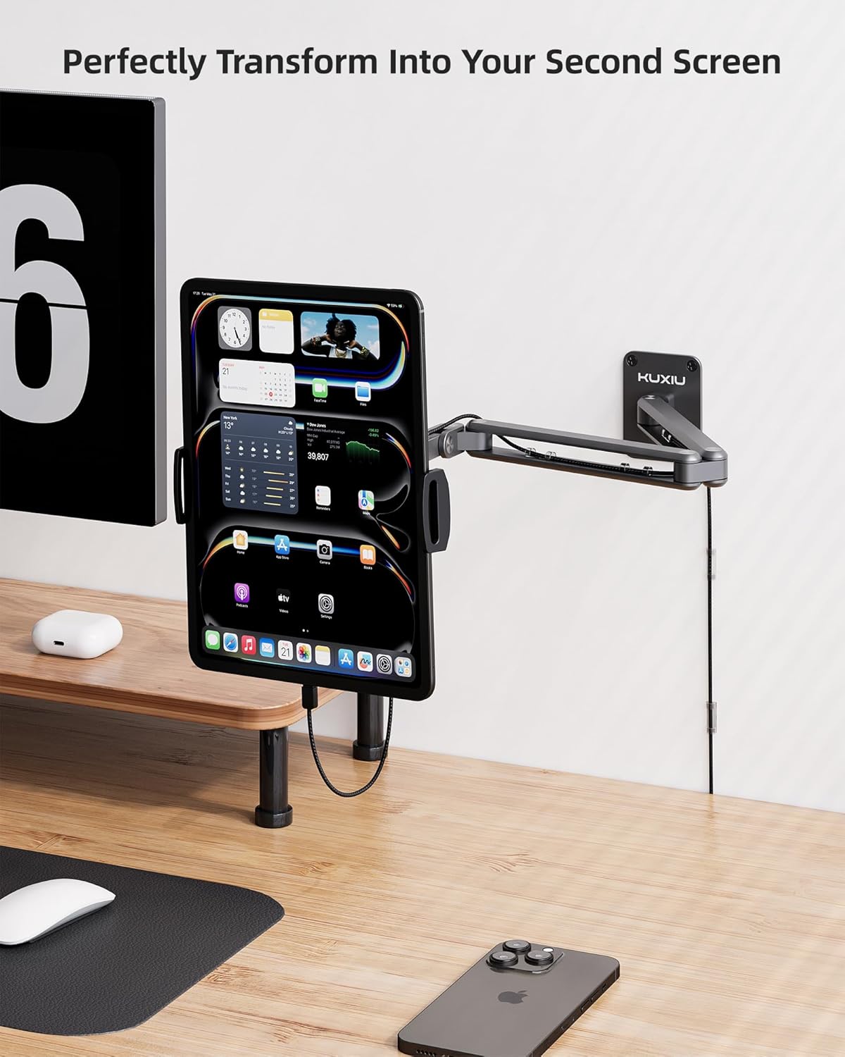 KU XIU Aluminum Alloy Tablet Wall Mount Holder for iPad, Foldable Portable Monitor Stand 360° Adjustable Wall Arm Mount for iPad Pro Air 13/11" 2024, iPad 10/9th, Samsung Galaxy Tab, 7-15.6'' Tablet