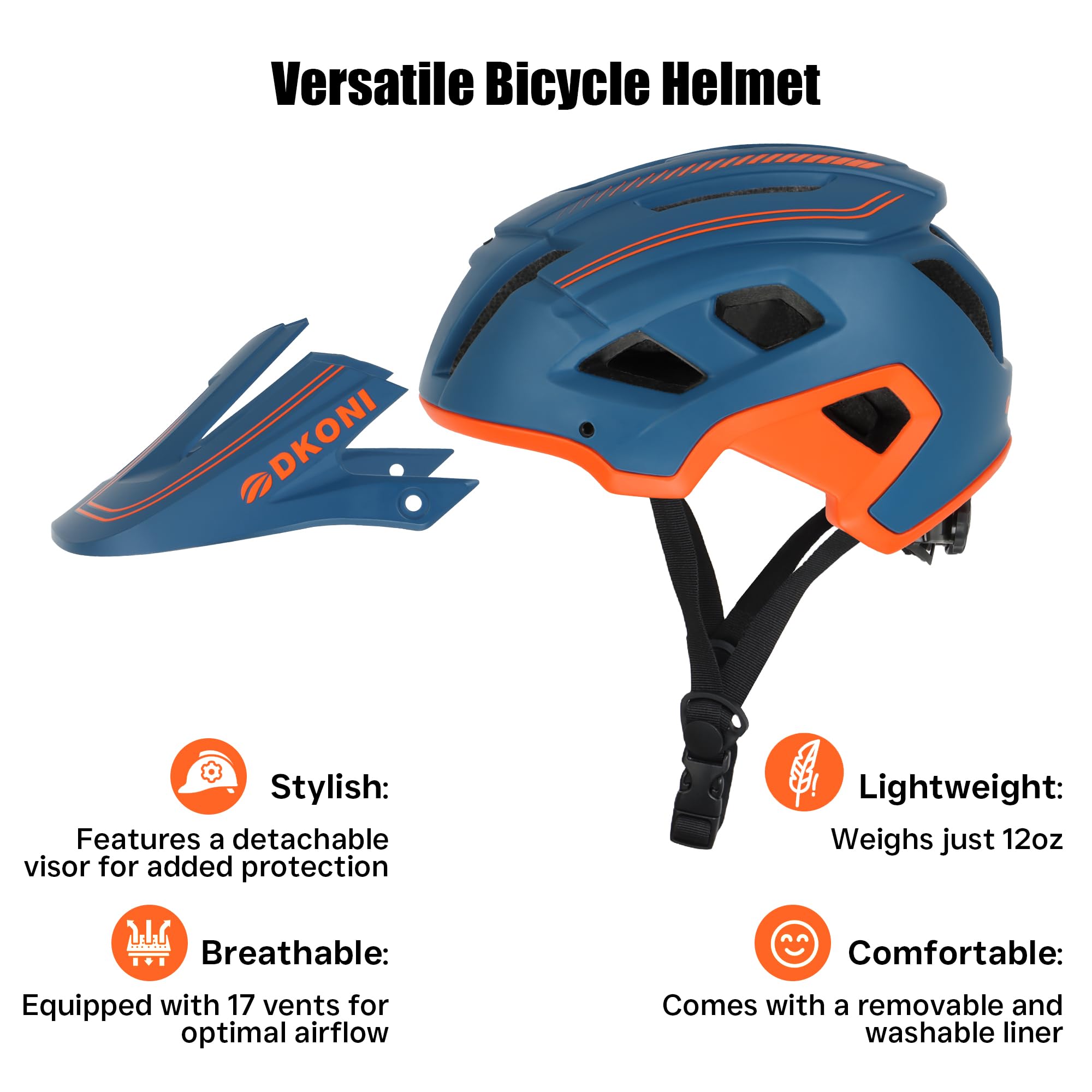 Casco MTB DKONI para Adultos y jóvenes – Ligero, Unisex, con Ajuste Regulable (54-61 cm), Visera extraíble y 17 ventilaciones Grandes