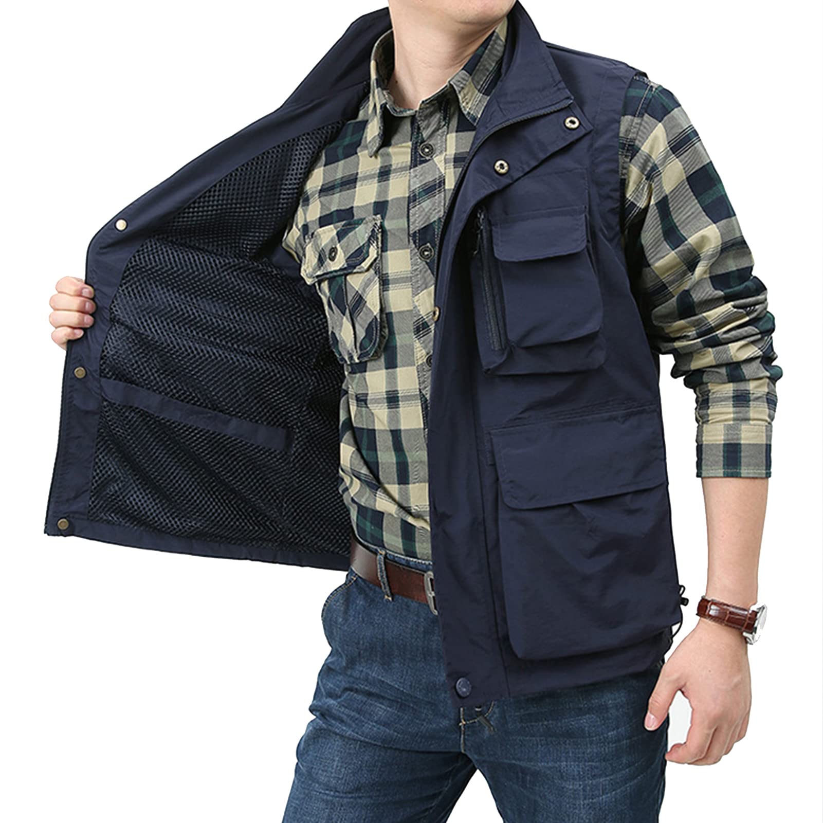 Chaleco de Pesca para Hombre Multi-Bolsillos Chaleco de Fotografía Transpirable para Caza, Camping, Senderismo
