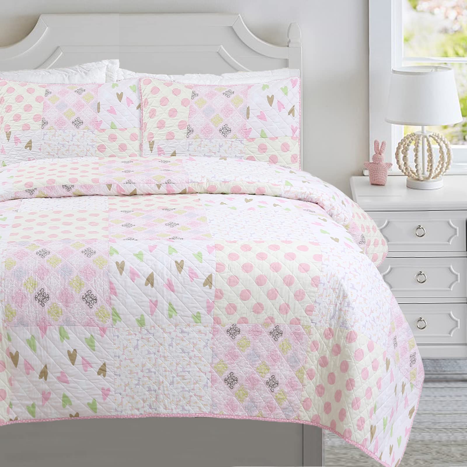 Cozy Line Home Fashions Pink Blue Green Heart Polka Dots Girl 100% Cotton Reversible Quilt Bedding Set, All-Season Coverlet, Bedspreads (Helaine Patchwork, Twin-2 Piece)
