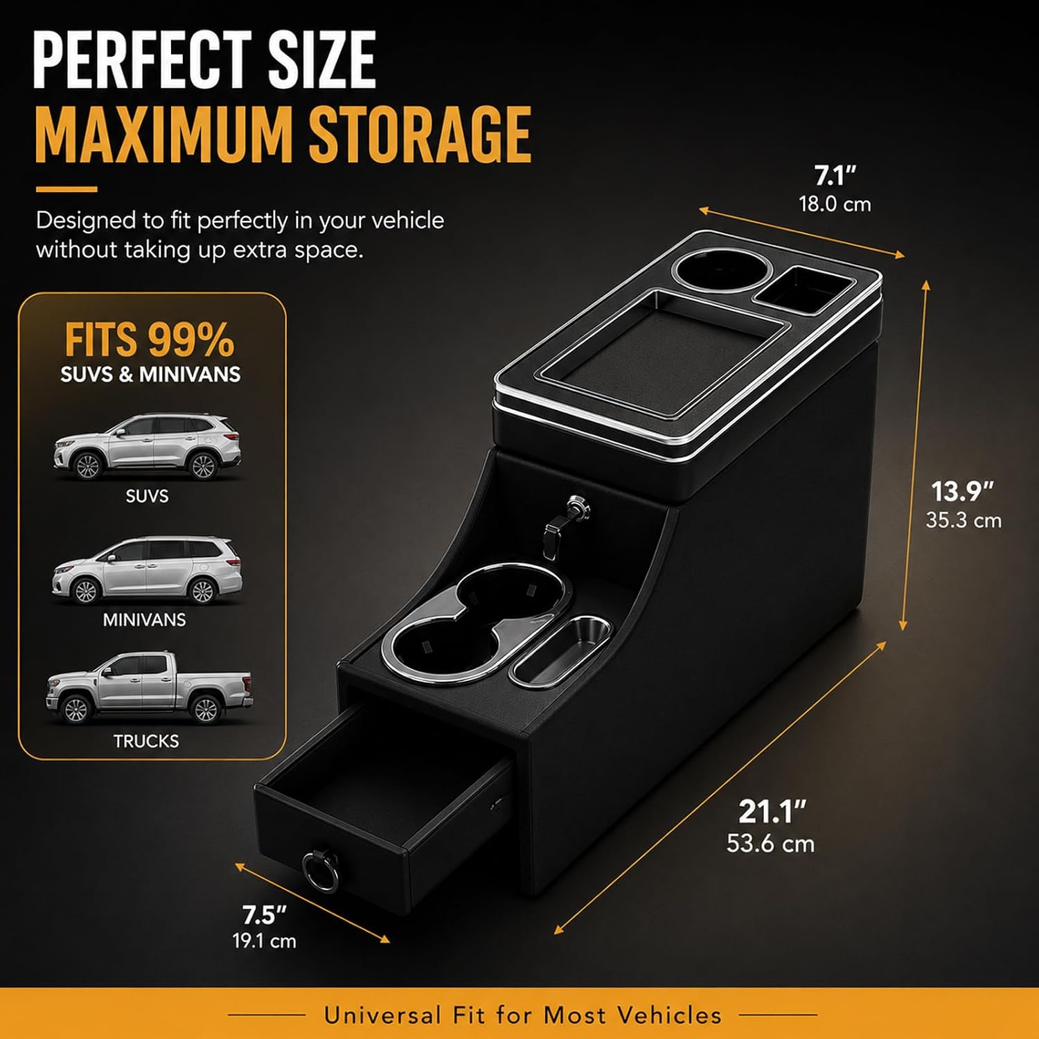 Center Console Between Seats for Trucks, SUVs, Minivans, Middle Van – 20.86" L x 7.06" W x 13.77" H – Floor/Bench Mount Large Storage Box with Locking & Sliding Lid, Dual Cup Holders, Armrest
