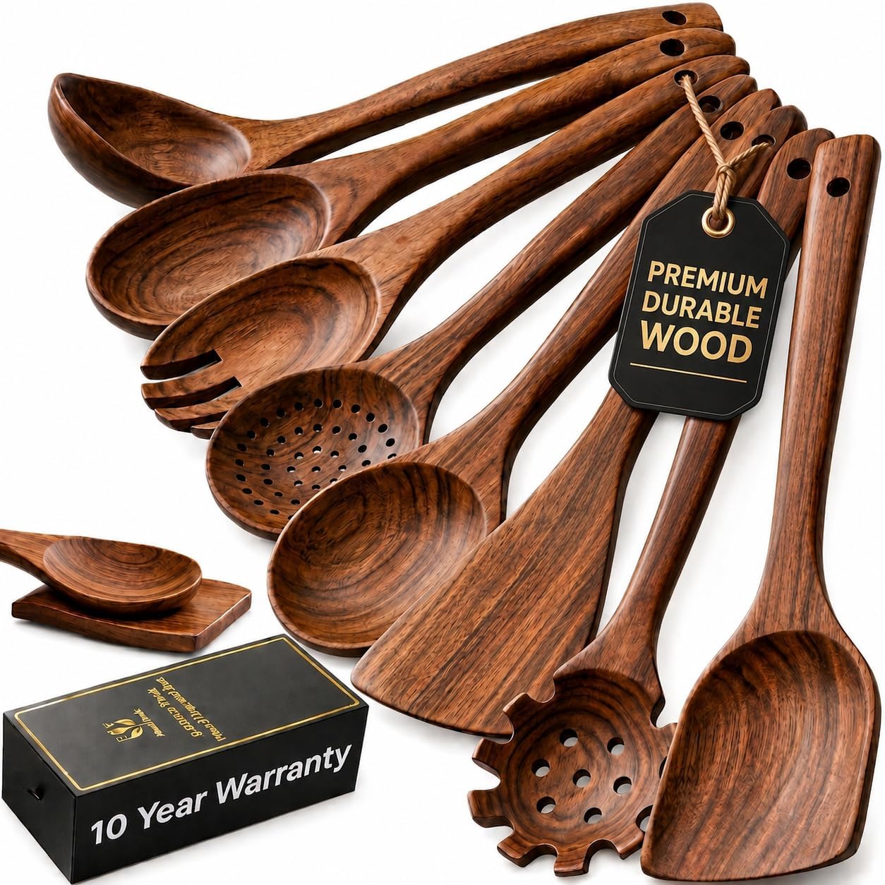 Wooden Kitchen Utensil Set, 9-Piece Teak Wood Cooking Spoons-Heat-Resistant, Non-Scratch, Durable Kitchen Tools, Perfect Cooking Gift