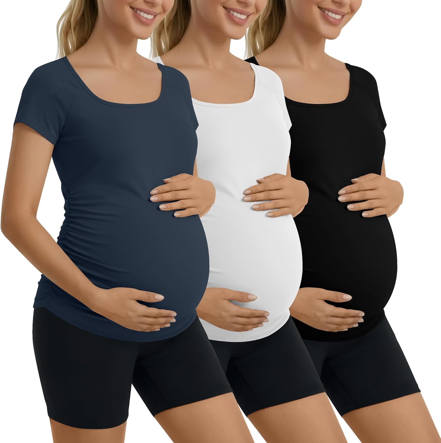 3 Pack Women Maternity T-Shirts Yoga Short Sleeve Side Ruched Tees Athletic Casual Tops Workout Pregnant Clothes