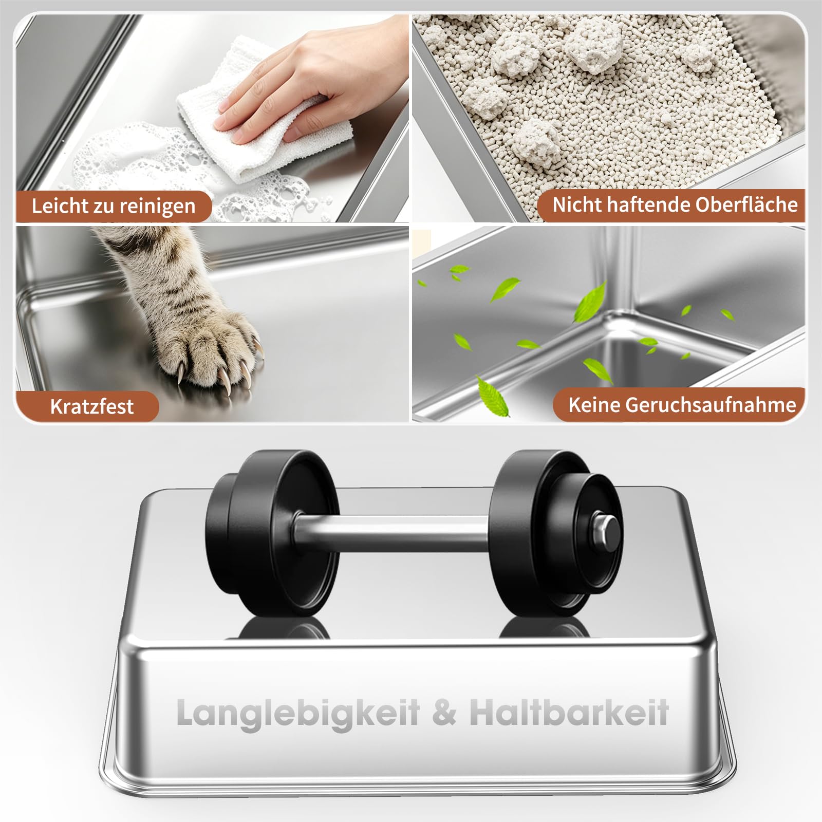 Edelstahl Katzentoilette Geschlossen 100° Klappdeckel,Dunkelgrau | Metallwanne, Vollständige Öffnung, Leichte Reinigung, 55L Volumen, Stabil Für Große Katzen