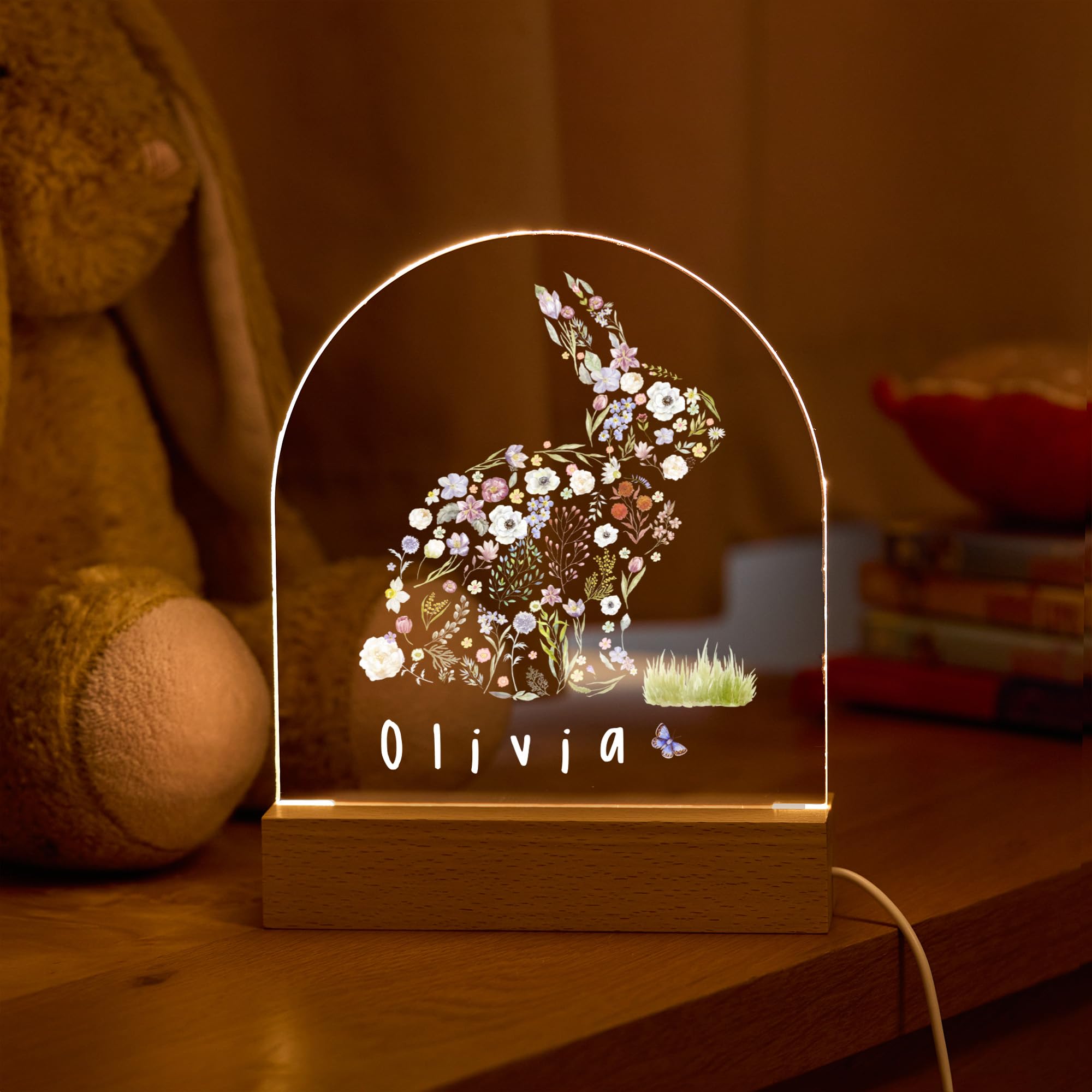 Pomchick Personalised Kids Easter LED Night Light Cute Flower Bunny Design for Boys or Girls Childrens Bunny First Easter Gift Baby 1st Lamp Birthday