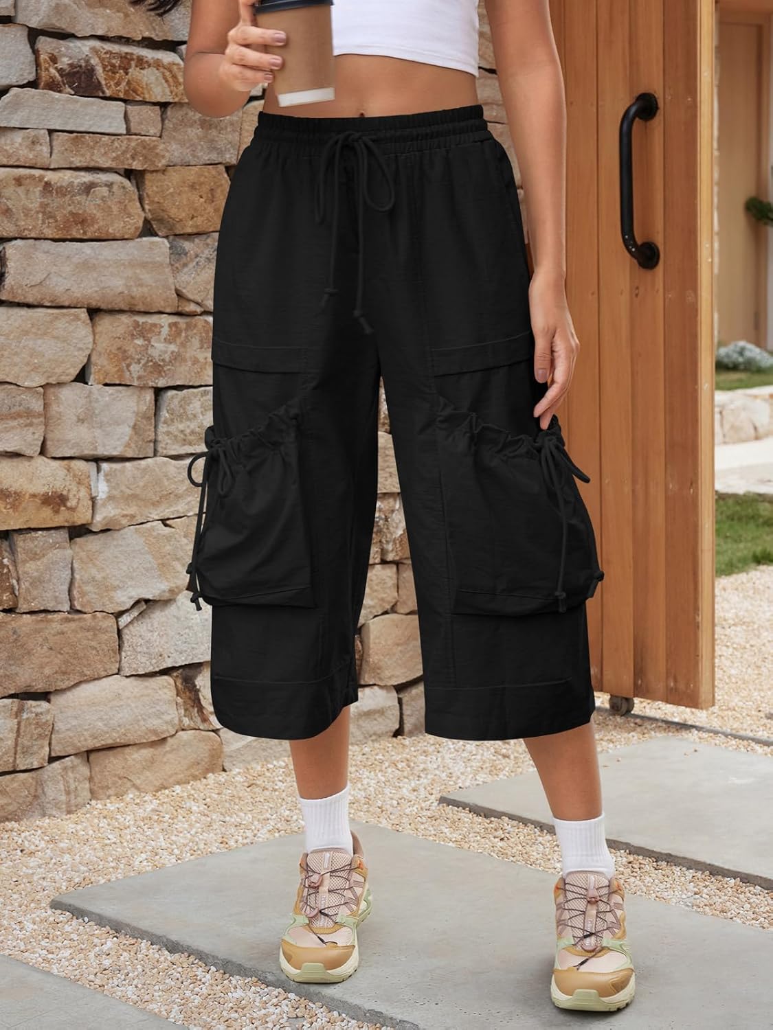 Aoysky Womens Wide Leg Cargo Pants Baggy Elastic Waist Drawstring Loose Cotton Workout Outdoor Capri Pants with Multi Pockets - Image 3