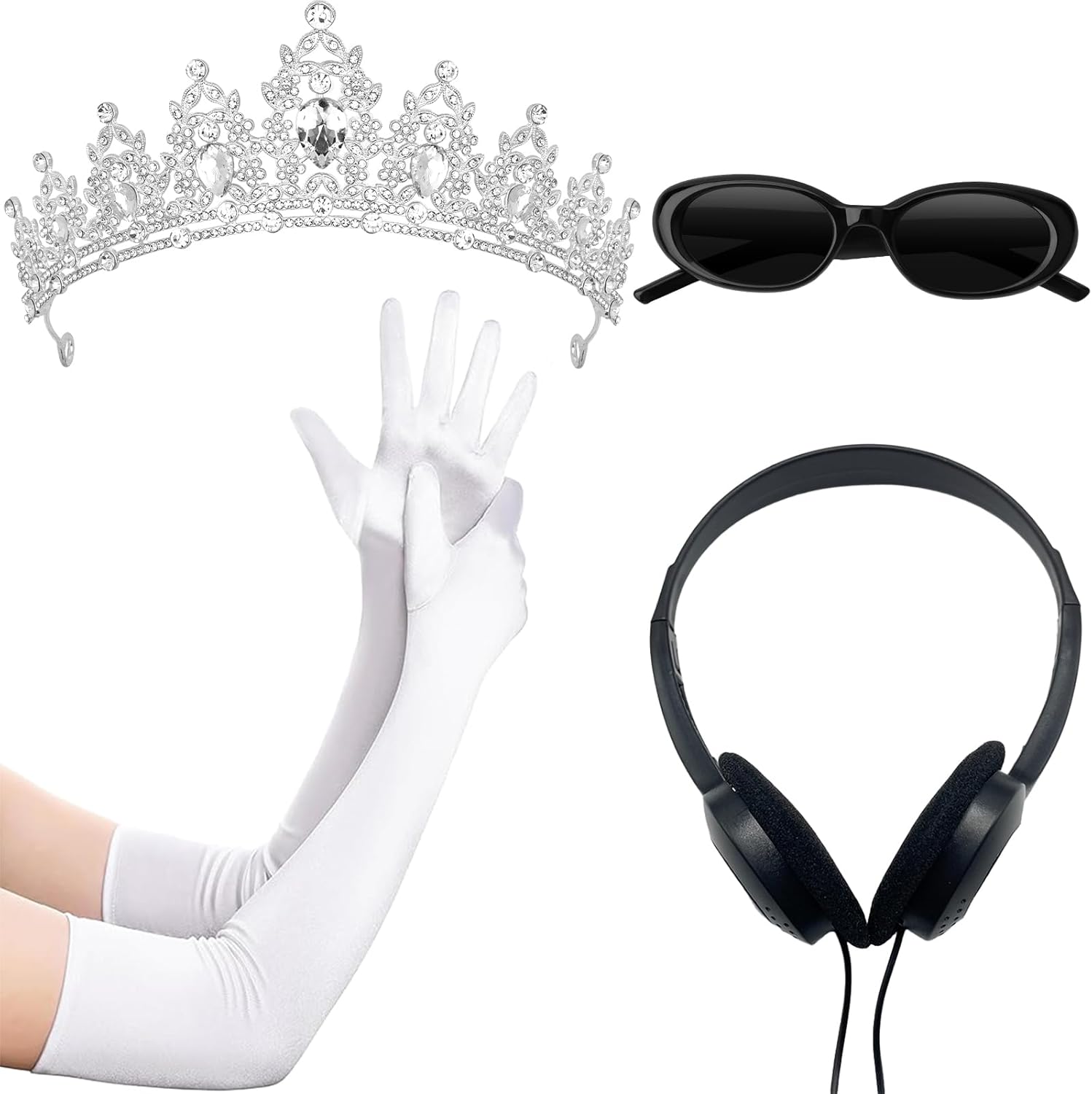 Princess White Tiara Gloves Sunglasses Headphones, Princess Costume Accessories Women Bachelorette Party Decorations 4 Pcs - Style c