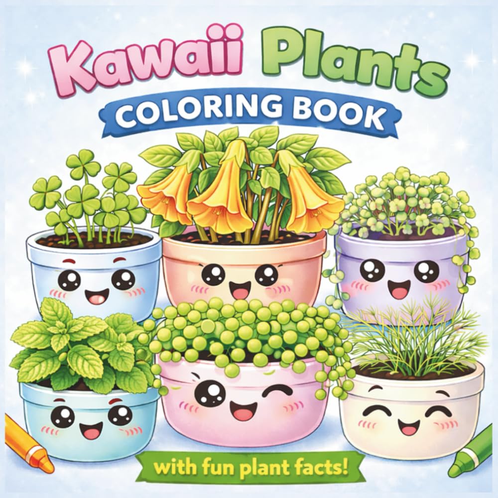Kawaii Plants Coloring Book With Fun Plant Facts: Adorable, Easy to Color Pages with Beginner Level Education on Each Page
