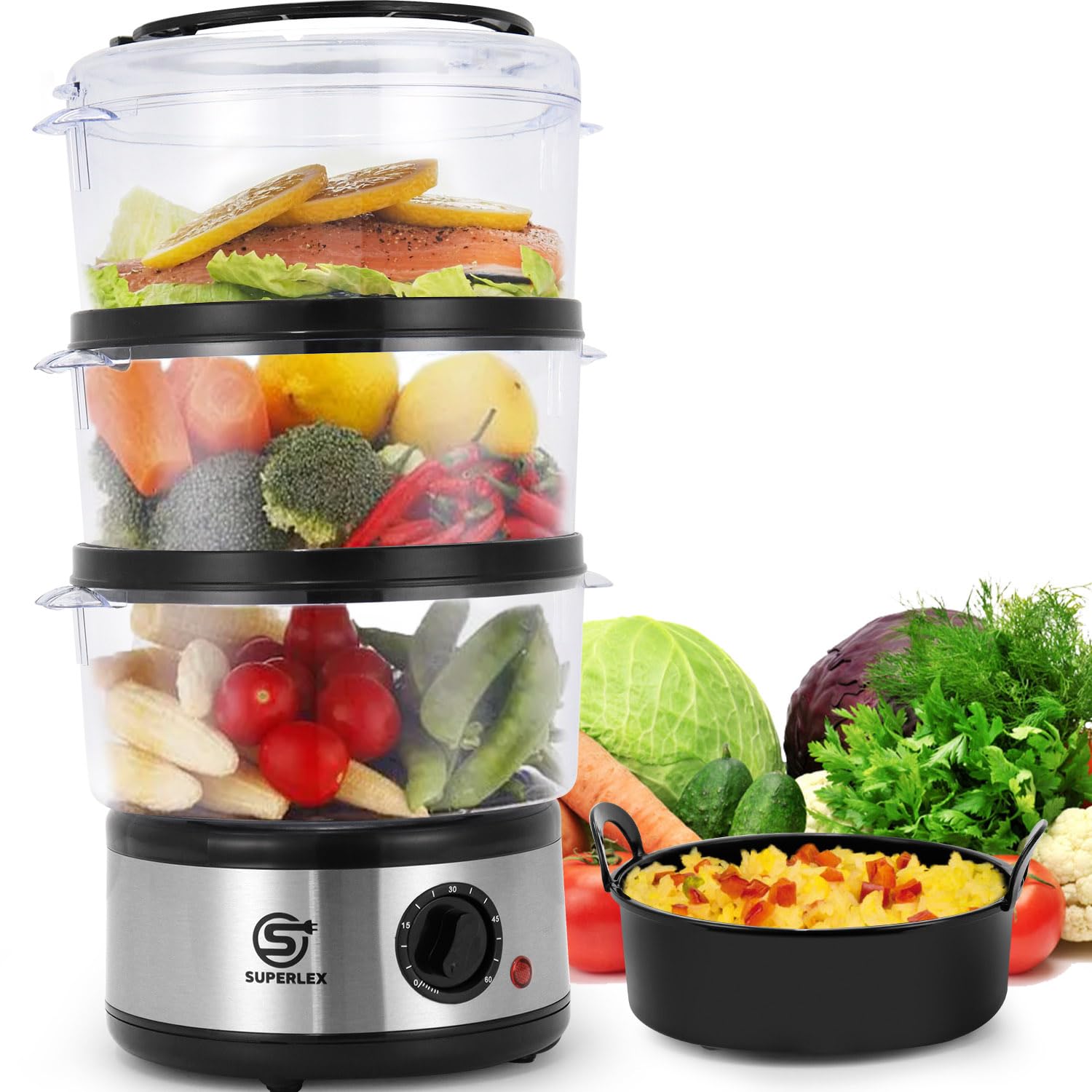 Elektrische Dampfgarer 8L mit 3 spülmaschinengeeignete Dampfgarbehälter und Deckel, 60 Minuten Timer, Abschaltautomatik, BPA-frei