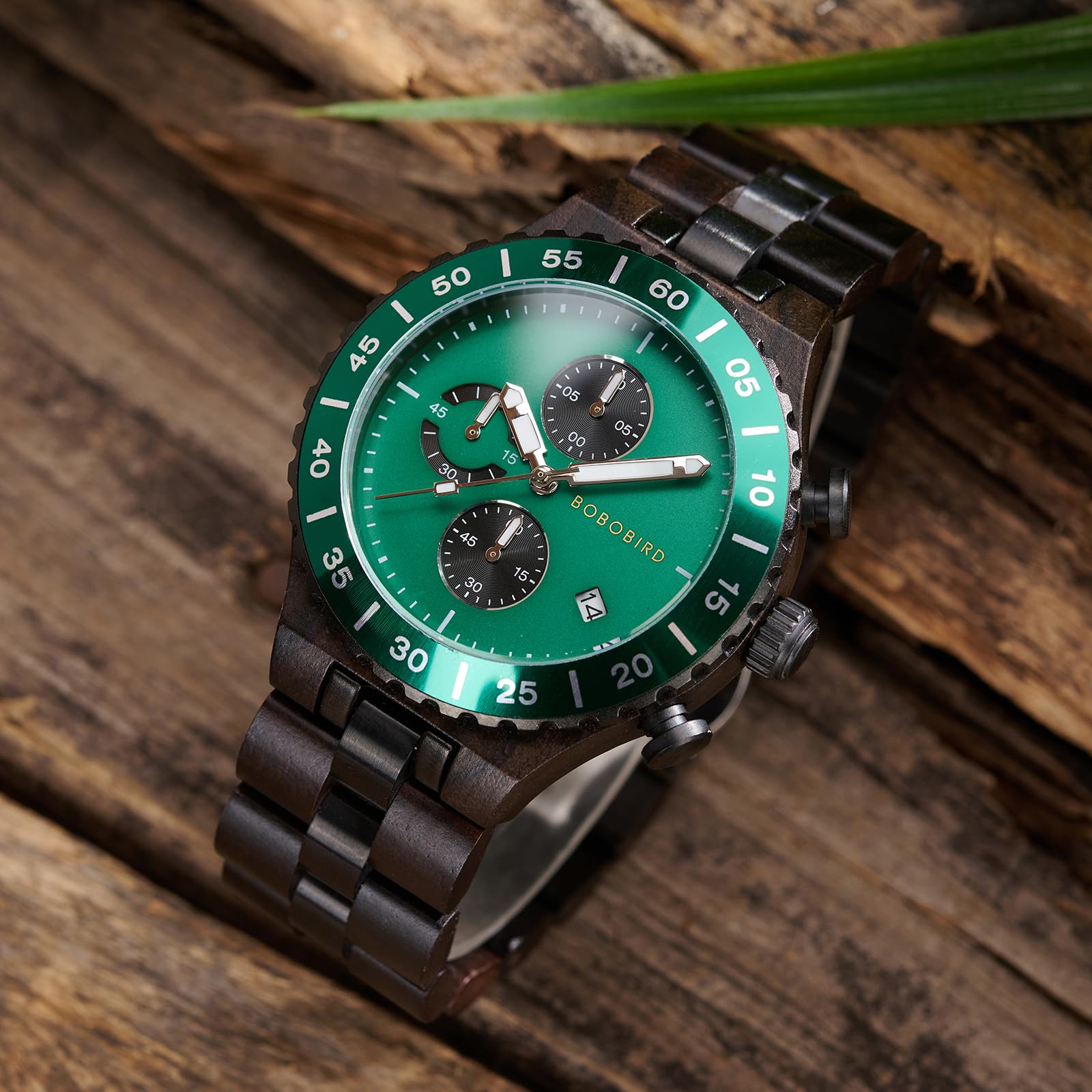 2win Relojes de madera personalizados para hombre, movimiento japonés, ébano, verde, multifunción, para cumpleaños, aniversario, para él, marido, novio, con caja de regalo