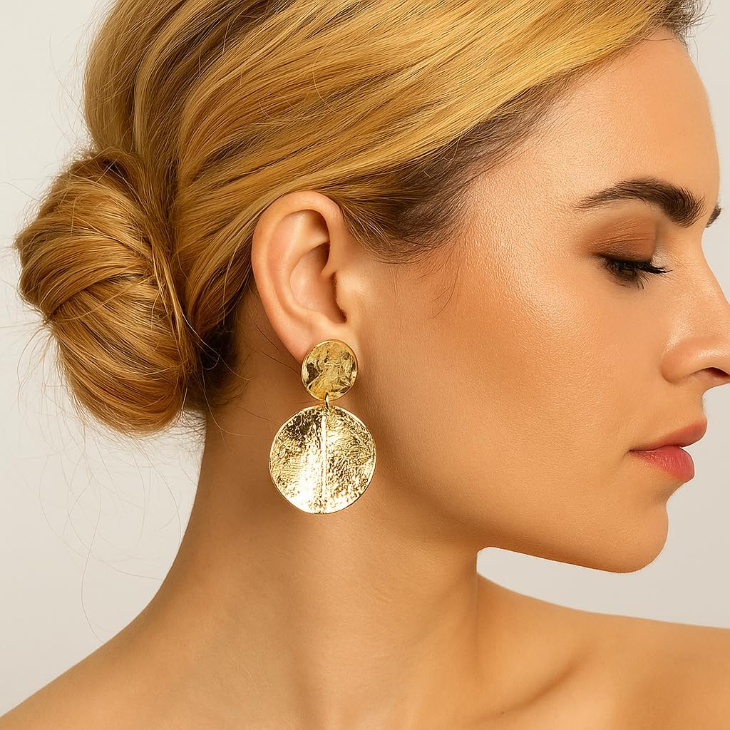 Round Geometry Clip On Earrings for Women, Matte Gold Silver Retro Disc Dangle Drop Clip Earrings Non Pierced Clips Stetement Jewelry Gifts - Image 8