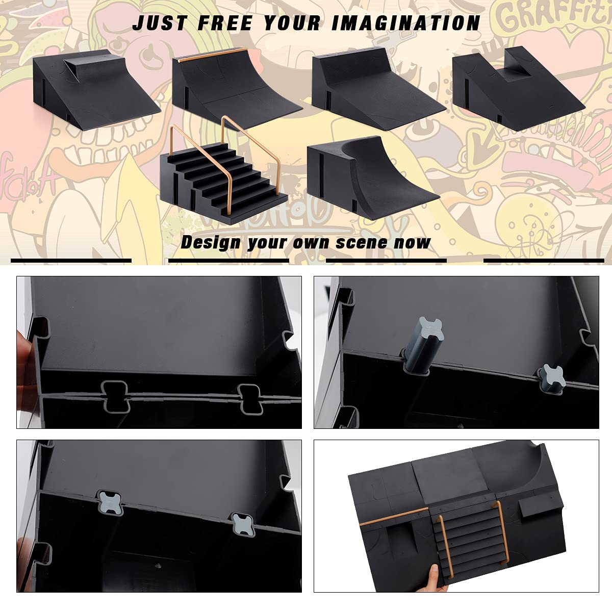 CS COSDDI Mini Finger Skateboards Ramp Accessories Set, 6-in-1 Fingerboard Toy Skate Park Kit Ramp, DIY Assembly Mini Finger Skateboard Ultimate Park Set Ramps for Kids Birthday Gift