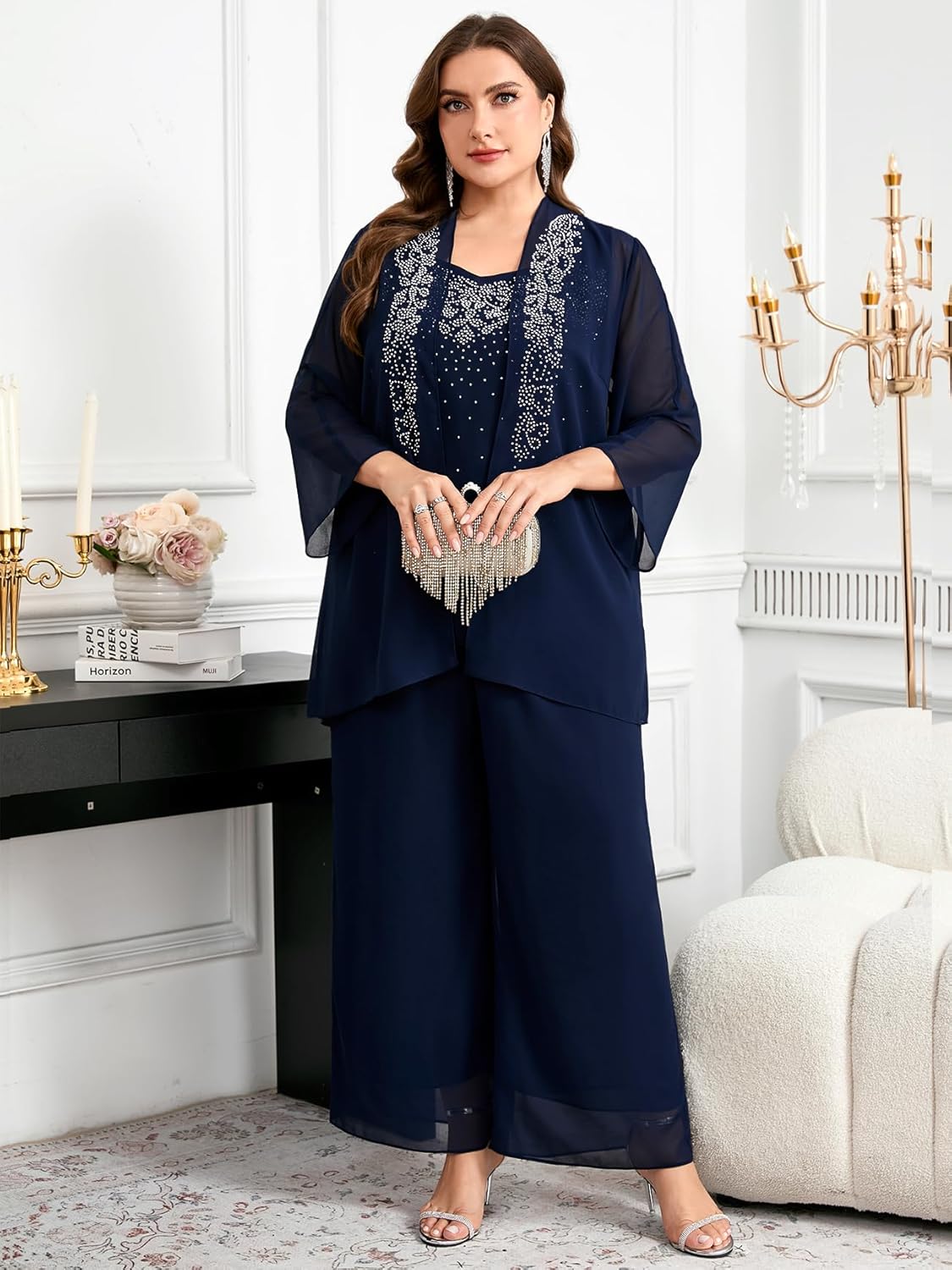 Plus Size Mother of The Bride 3 Piece Set Chiffon Pantsuit Rhinestone Embellished Formal Wedding Cocktail Outfit - Image 4
