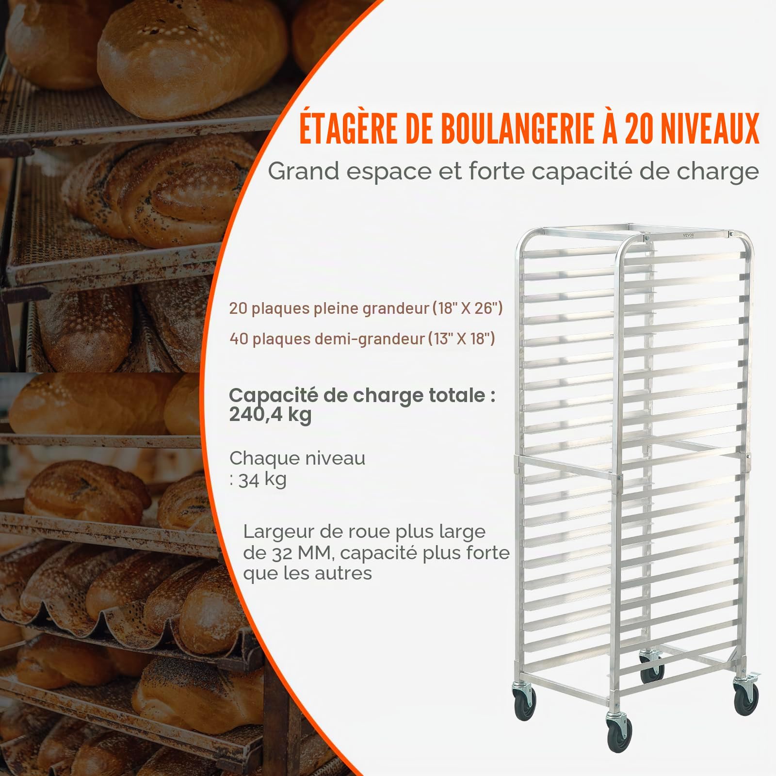 VEVOR Chariot Plaques à Pain 20 Niveaux, Étagère de Boulangerie Commerciale avec Roues de Frein, Chariot de Rangement en Aluminium pour Plateaux Demi-feuilles Complètes, Équipement de Cuisson du Pain