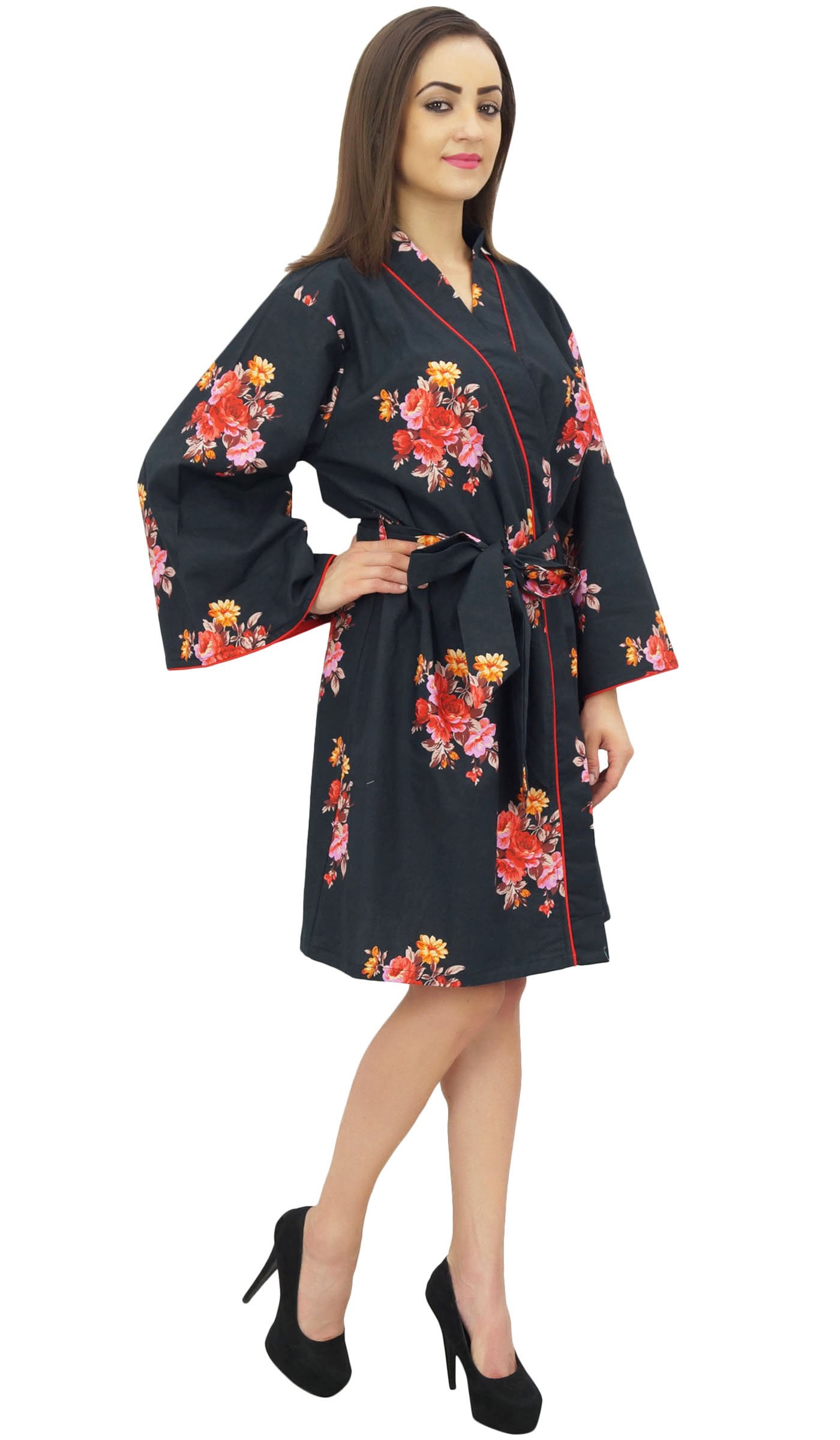 Bimba Mujeres Estampado Floral Kimono Robe Algodon Popelin Ropa De Dormir Nupcial Cubrir