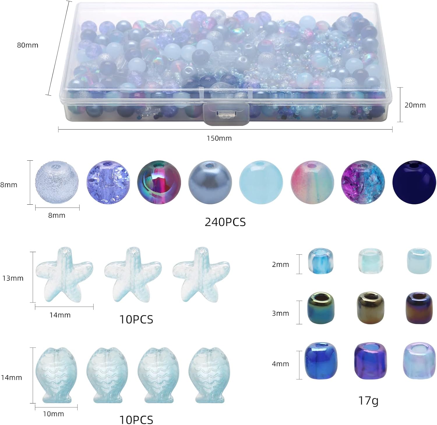 Rired 27 760pcs Assorted Crystal Bracelet Beads for Jewelry Making, 8 Types Glamour Blue Round Glass Beads with Star, Fish and Seed Beads for DIY Making - Image 2