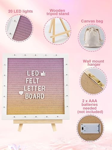 Miniatura 5 de Tablero de letras con luz degradado con luces LED, tablero de mensajes intercambiables de fieltro de 10 x 10 pulgadas con marco romántico, letras