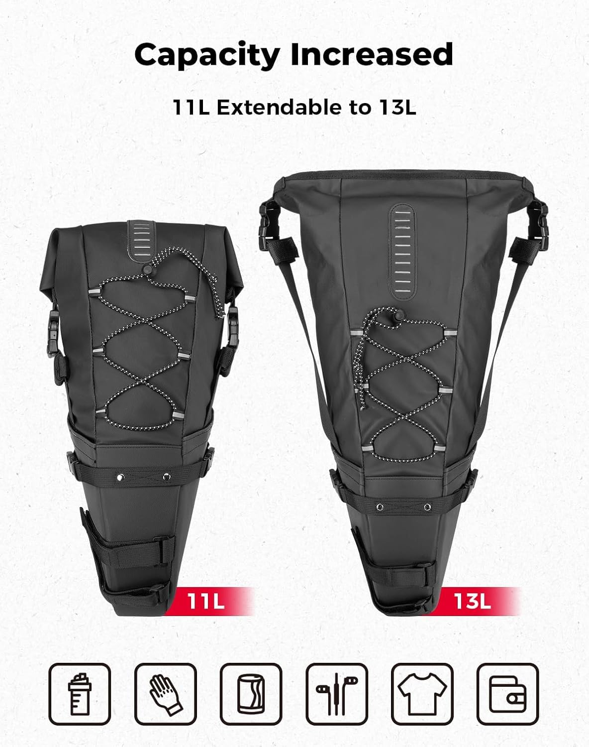 KEMIMOTO Torba podsiodłowa na rower 11 l, 100% wodoszczelna torba na siodełko rowerowe, torba do siedzenia na rower wyścigowy, torba podsiodłowa do rowerów elektrycznych i MTB, z paskiem mocującym do
