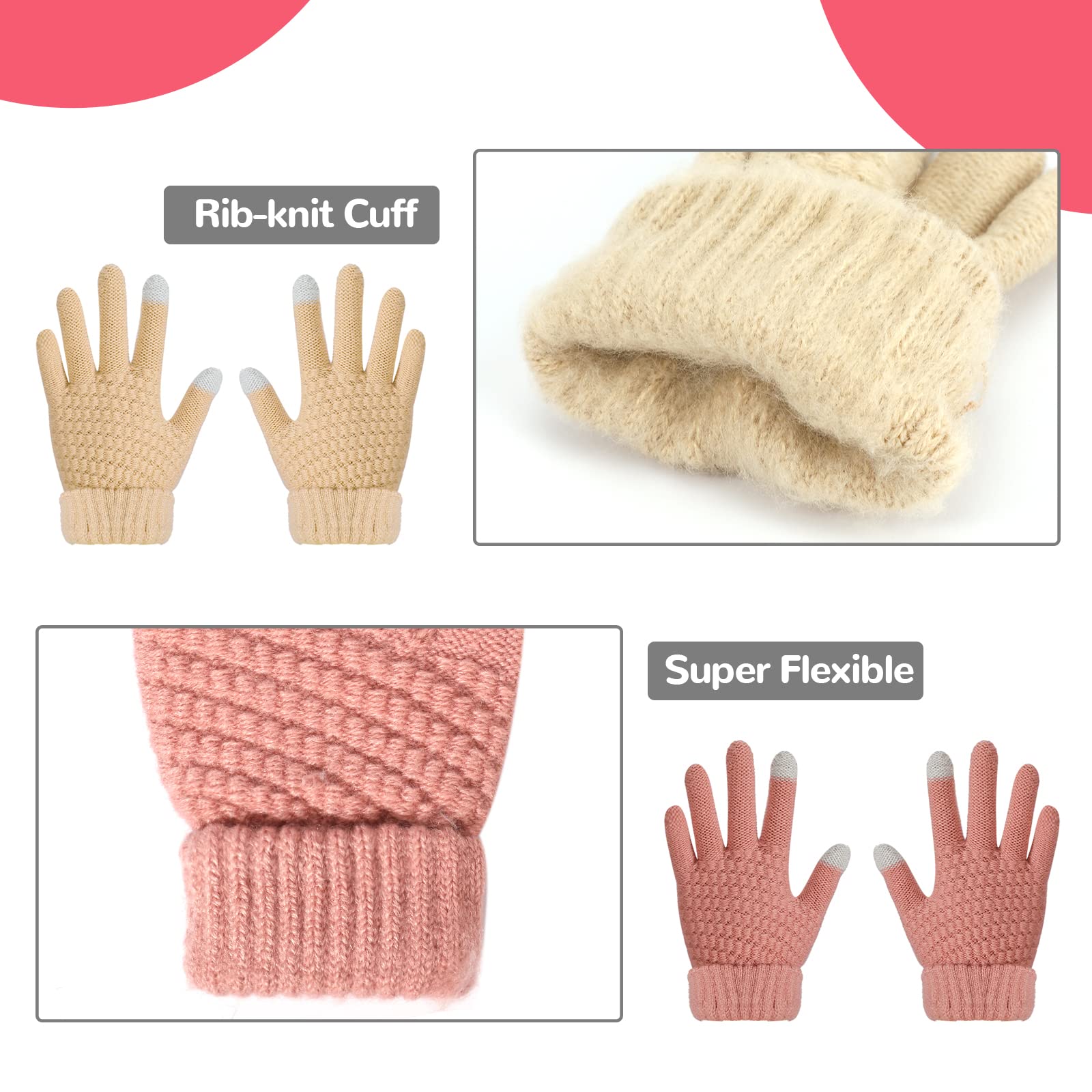 TAGVO Guantes de Punto para Niños Pequeños - 3 Pares de Invierno Con Dedos Completos para 5-15 Años - Elásticos Mitones