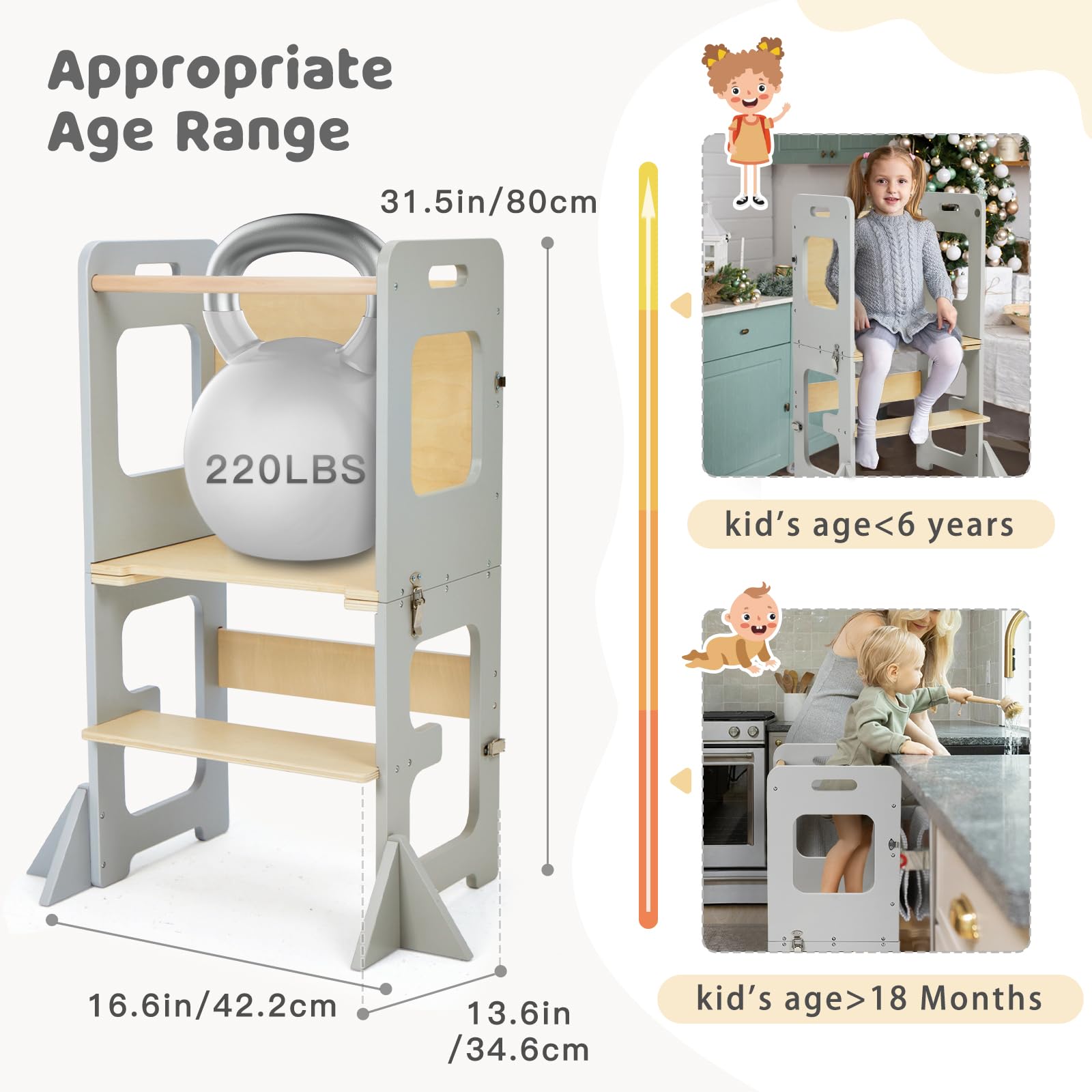 labebe Lernturm für Kinder, Montessori Learning Tower mit Tafel, Multifunktion 3 in 1 Faltbarer Lernturm, Lernturm ab 1 Jahr für Küche Tisch Bad Lerntower（Grau）