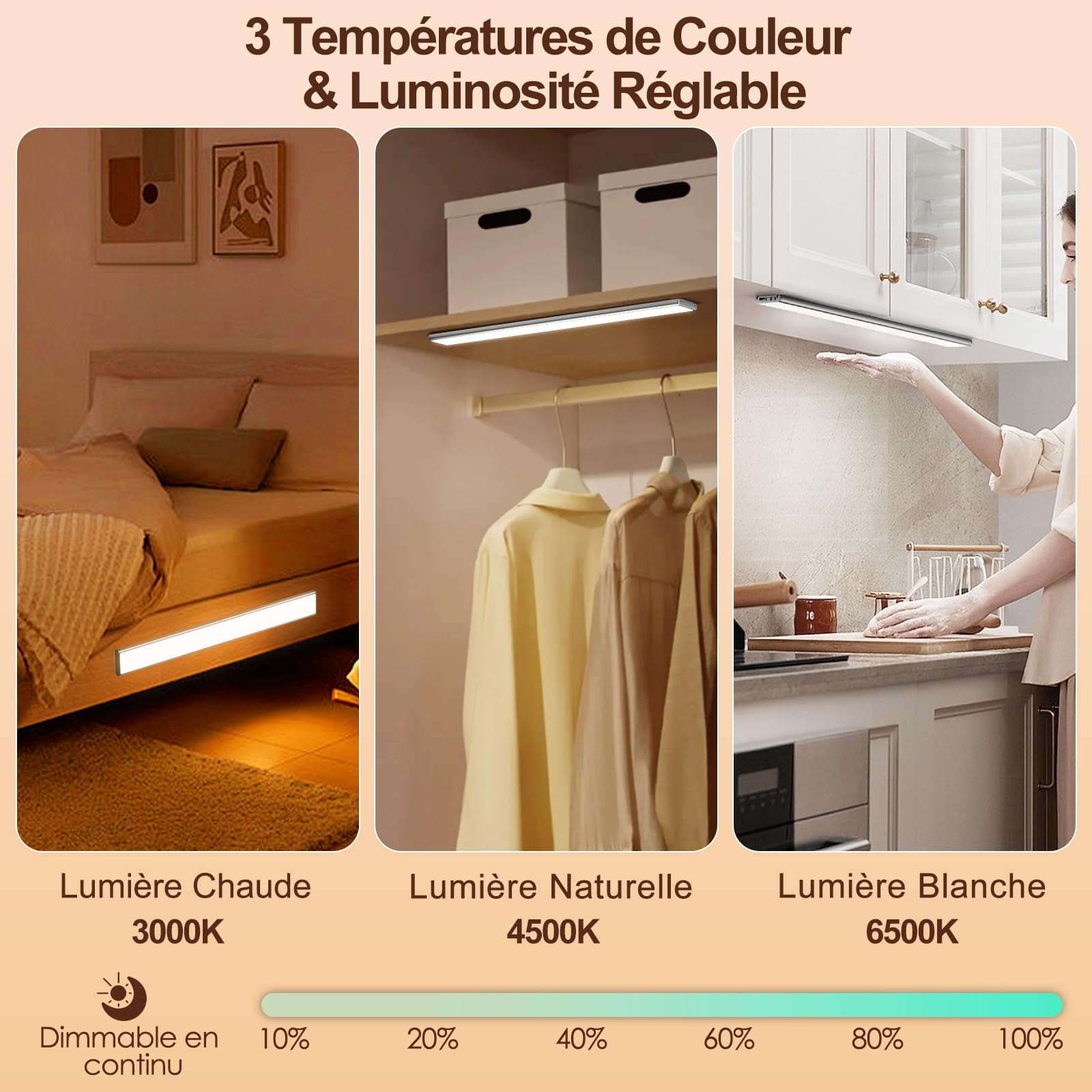 Quntis Reglette LED Cusine sous Meuble 40CM Aimantée, 186 LEDs Rechargeable USB Sans Fil Lampe de Placard à Détecteur de Mouvement Interieur 3 Couleurs Lumière Réglable pour Armoire Escalier Bureau
