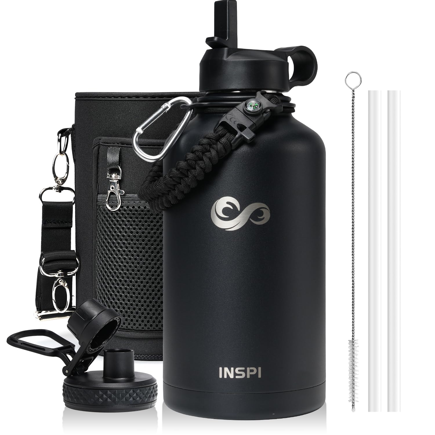 INSPI Insulated Water Bottle 64oz with Straw 2 Lids Half Gallon Food-grade Double Wall Vacuum Large Flask Mug
