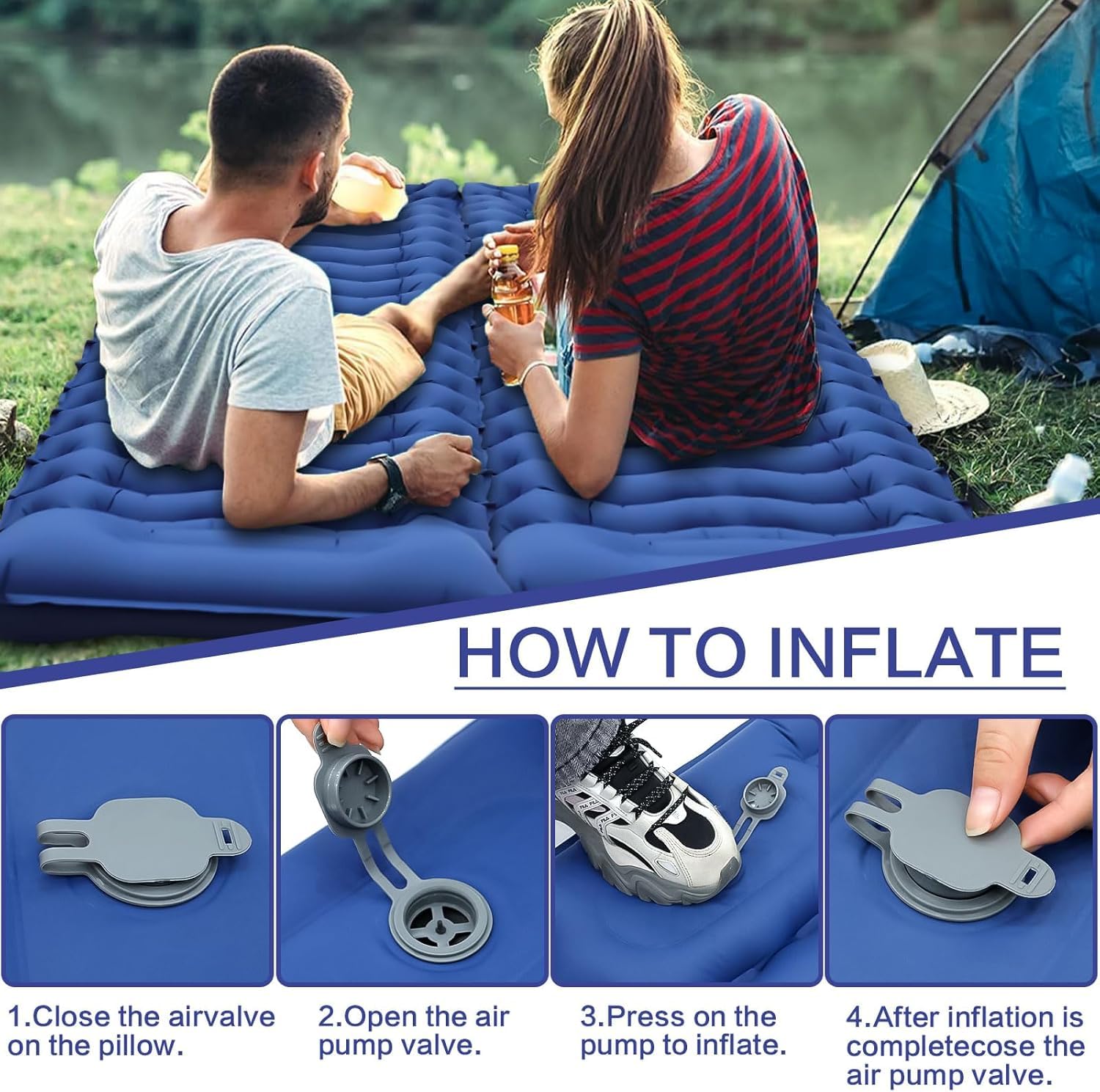 Matelas de Camping de 12 cm d'épaisseur, Ultraléger Matelas Gonflable Camping Pliable avec Oreiller & Pompe à Pied, Matelas Autogonflant Tapis de Camping pour Camping Tente Randonnée, Bleu - 4
