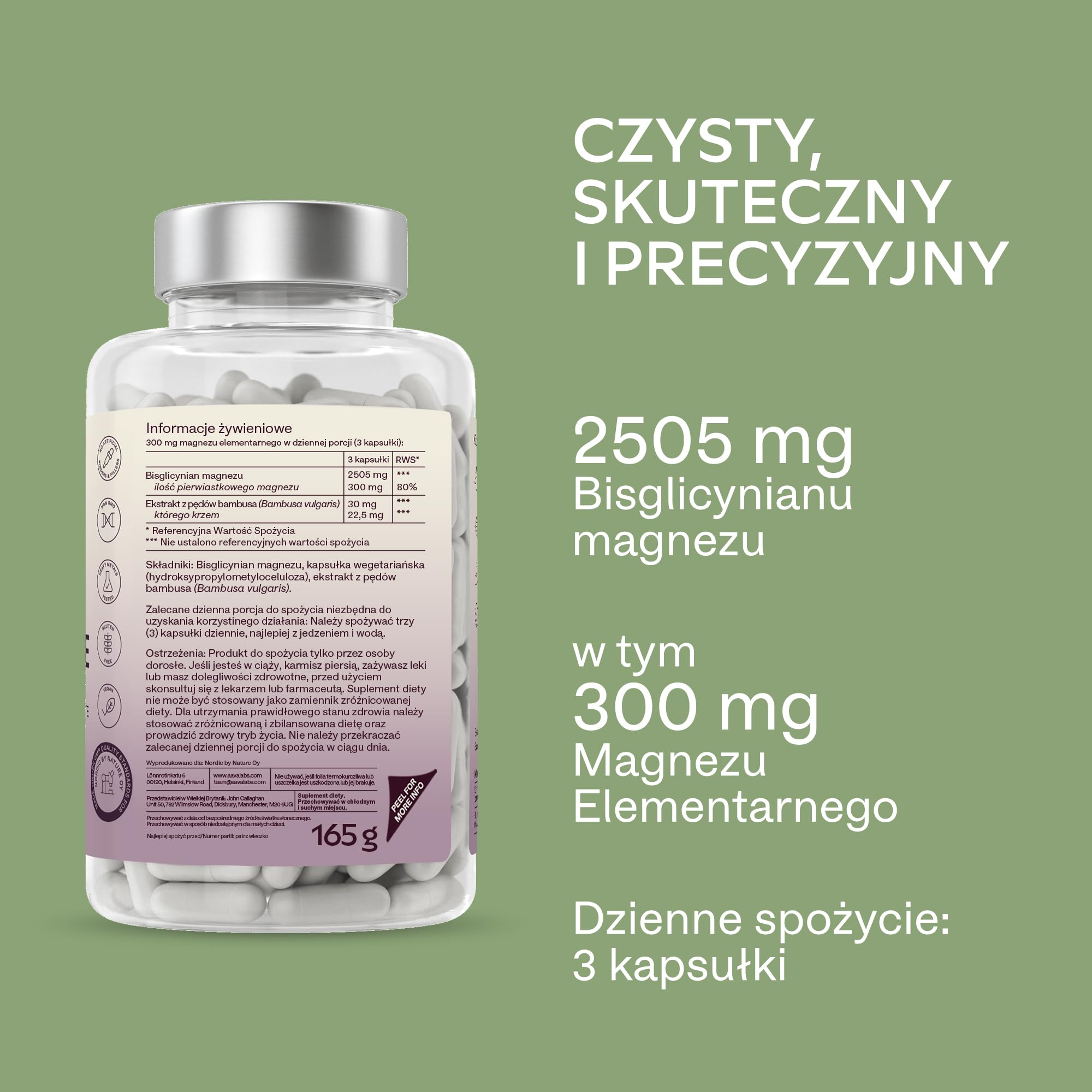 Chelatowany glicynian magnezu 2505 mg w dziennej dawce (300 mg magnezu elementarnego) - Wysoka dawka niebuforowanego magnezu - Suplement dla kobiet i mężczyzn - 180 wegańskich kapsułek