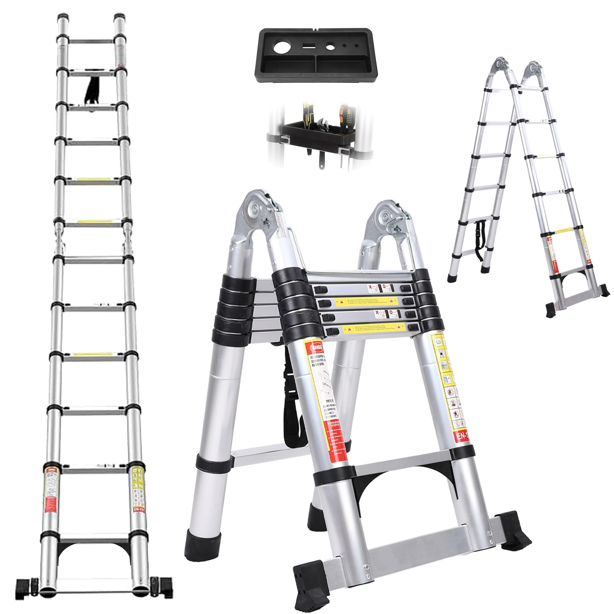Dajianglx12.5FT A Frame Telescoping Ladder, Aluminum Extension Ladder, Folding Ladder with Tool Tray and Wheel, Multi-Purpose Extension Ladder Indoor and Outdoor Worker's Helper