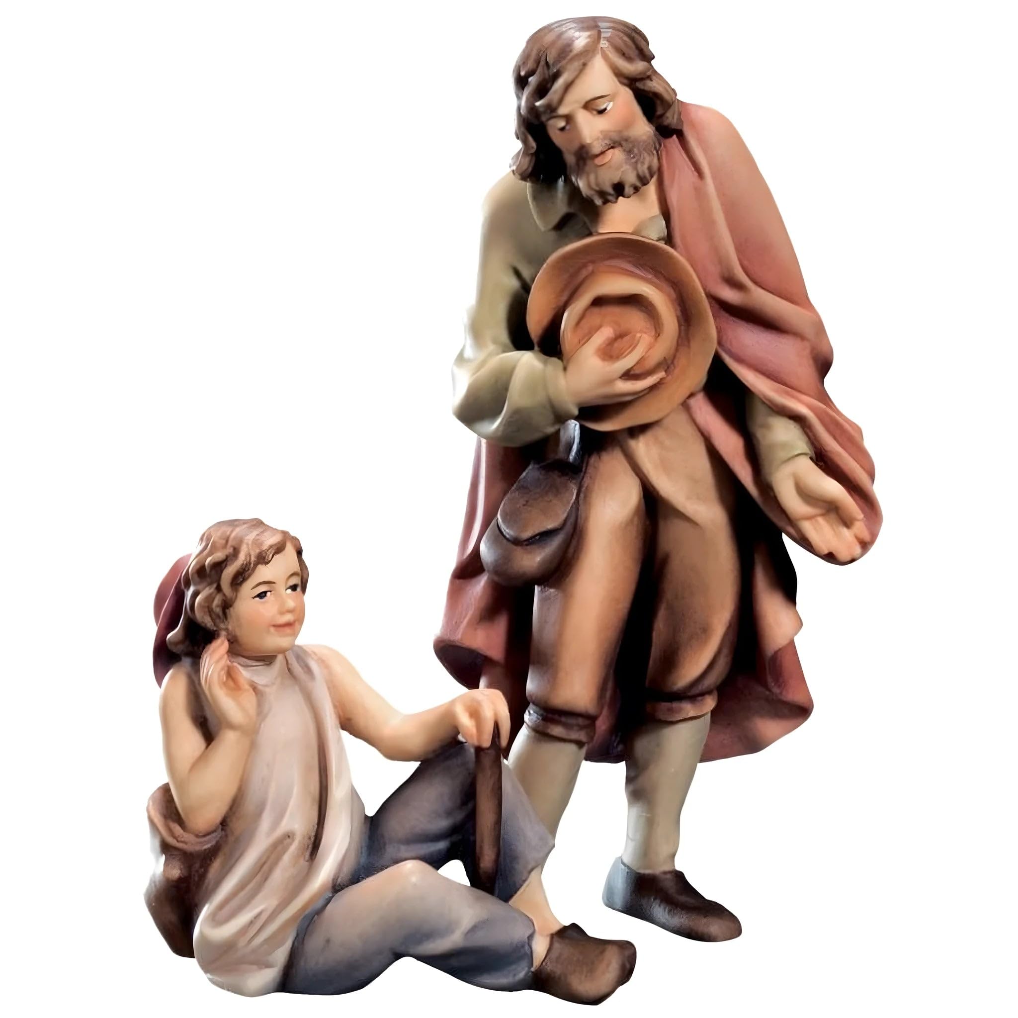 Dolfi | Shepherd with Boy in Wood 7 cm | Natural Wood in Val Gardena | Nativity Scene and Nativity
