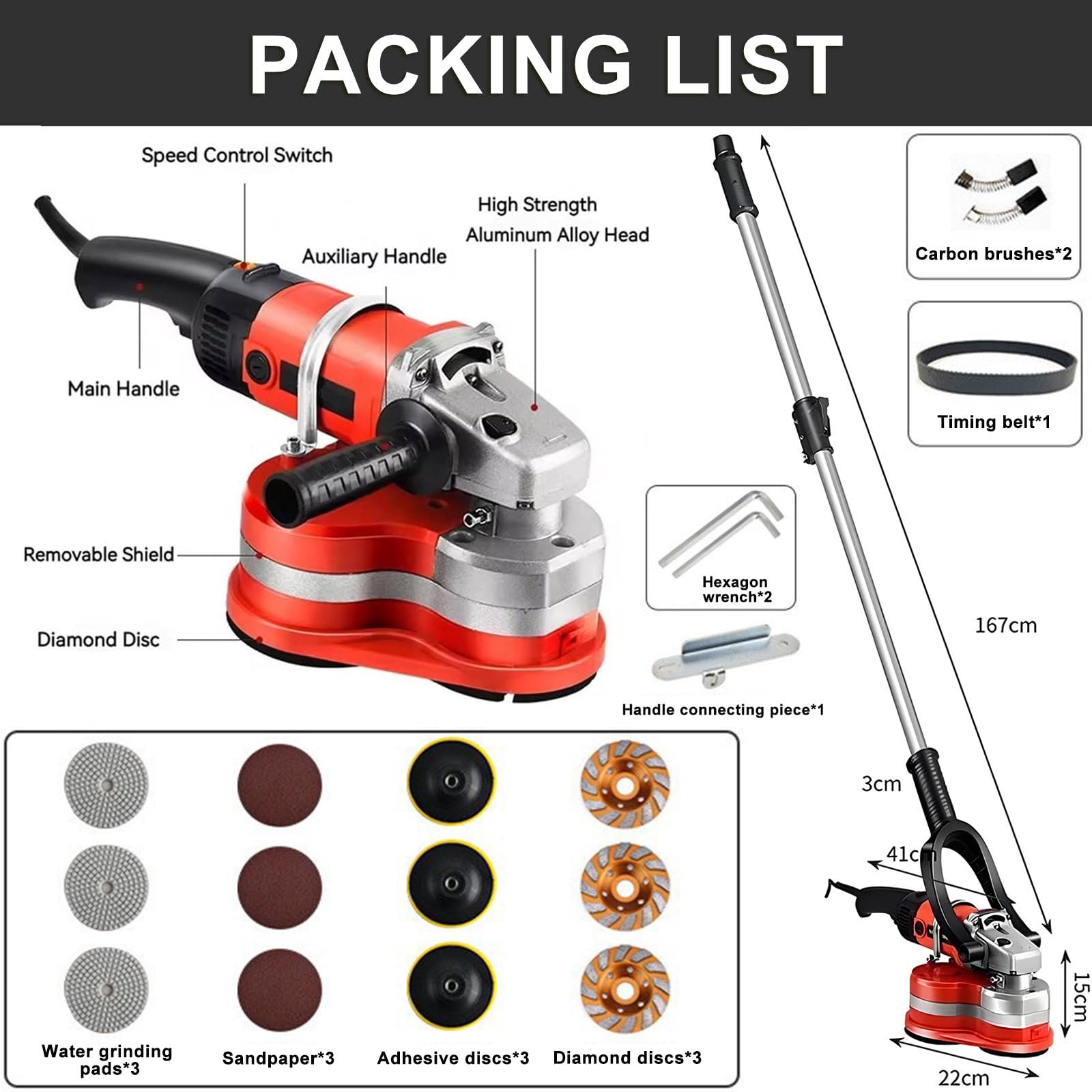 Set Di Levigatrici Per Cemento, Levigatrice E Lucidatrice Per Pareti E Pavimenti Portatile, 6 Velocità Regolabili, Asta Telescopica 113-168CM Machine+TelescopicPole