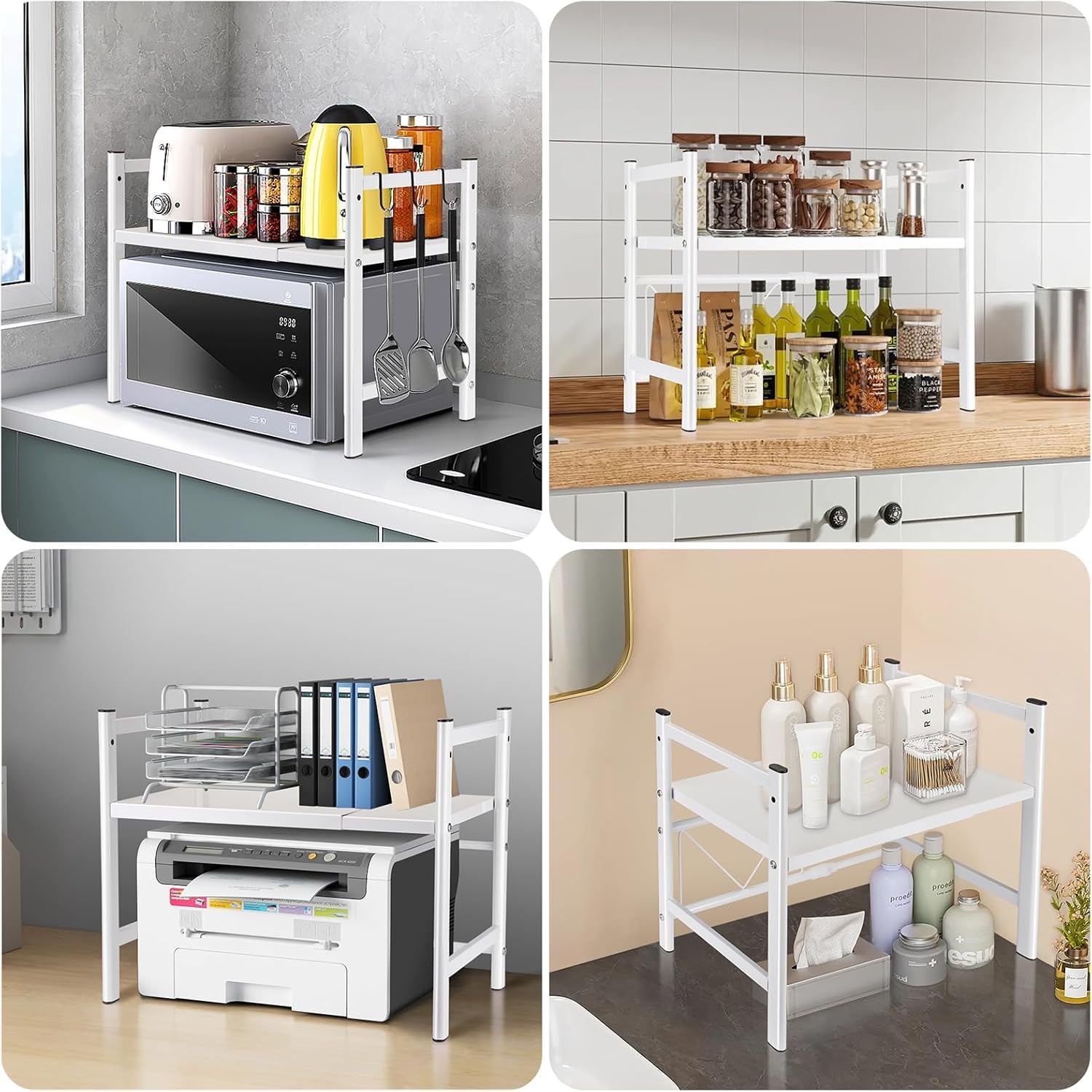 Quuylin 2 Livell Estensibile Mensola Microonde,con 6 Ganci,Regolabile fino a 40-64 cm Salvaspazio,Materiale in acciaio al carbonio,Può essere usato come contatore,scaffale per la cucina,Bianco