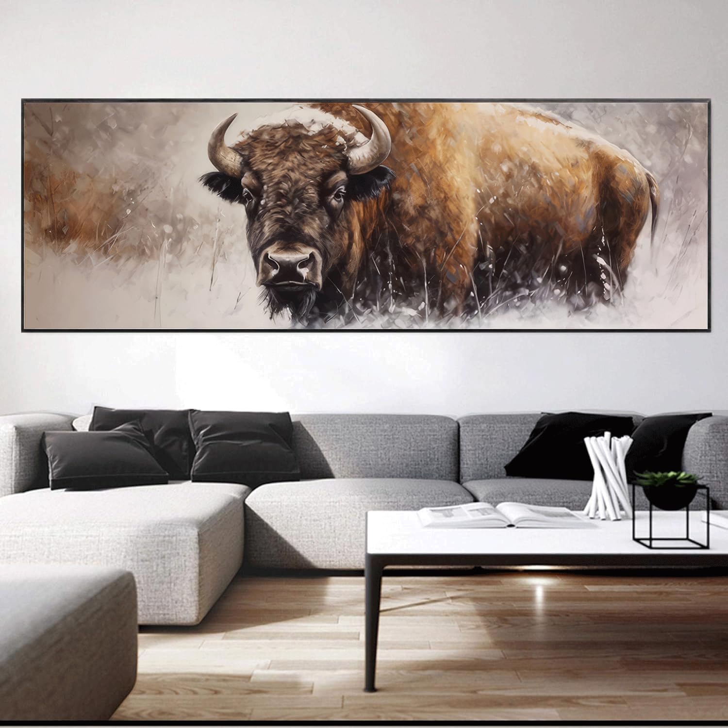 Large Wildlife Bison Wall Decal - Black Vinyl Forest Mountain Mural Sticker, Indoor/Outdoor